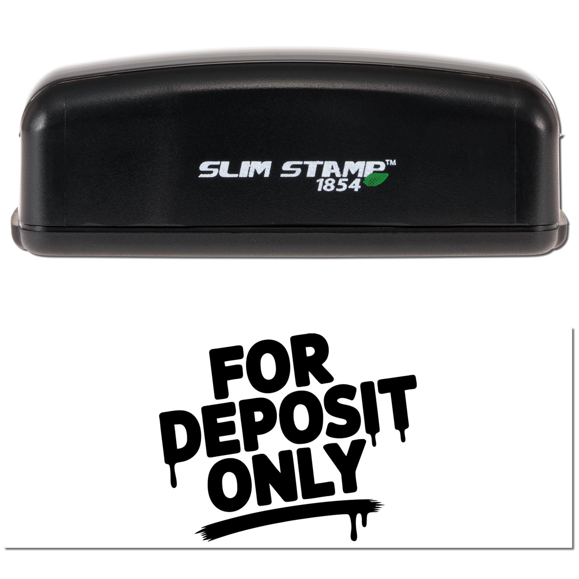 Self-inking rubber check endorsement stamp reading For Deposit Only by Slim Stamp 1854 for bank deposits.