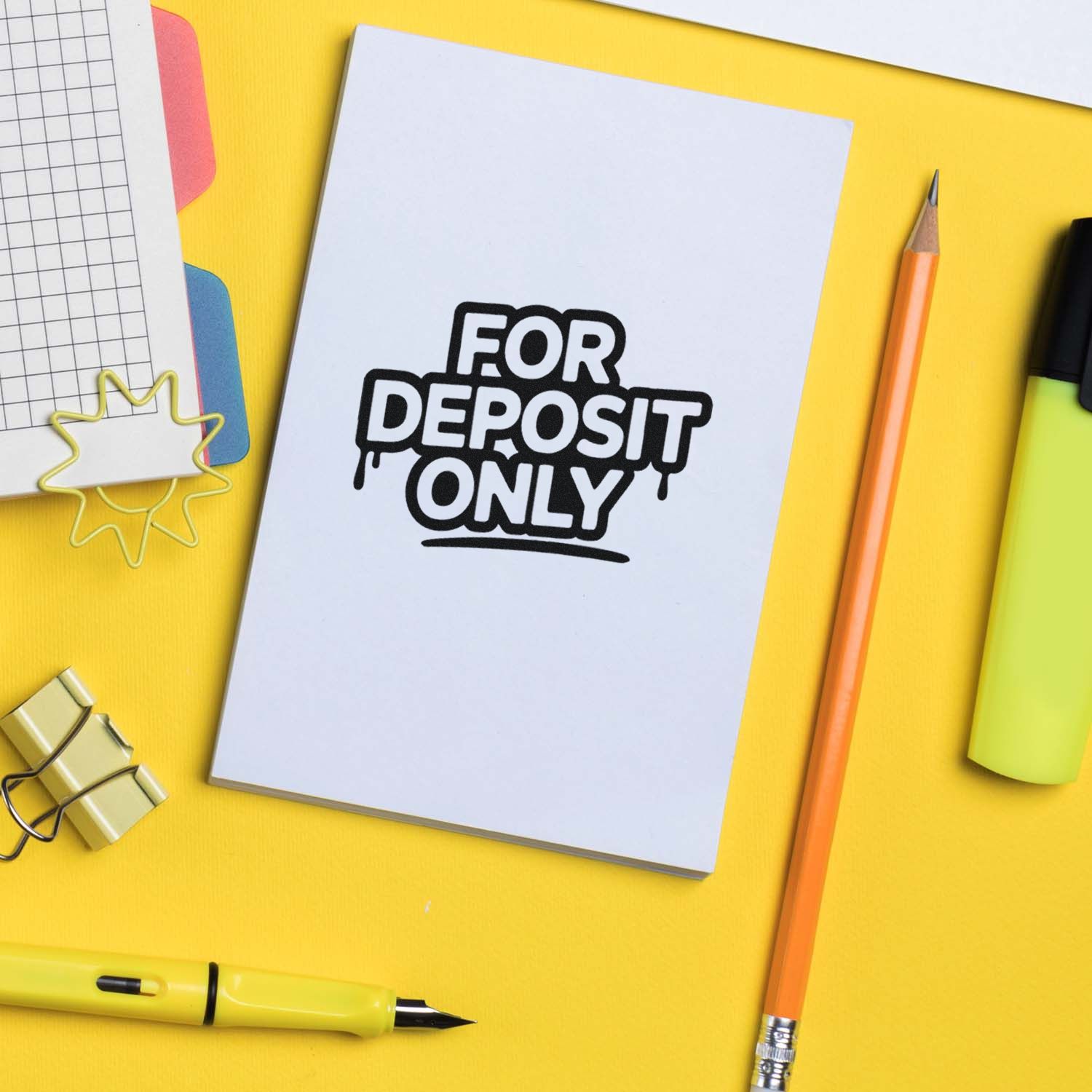 For Deposit Only bank endorsement rubber stamp on notebook with stationery on a yellow background.