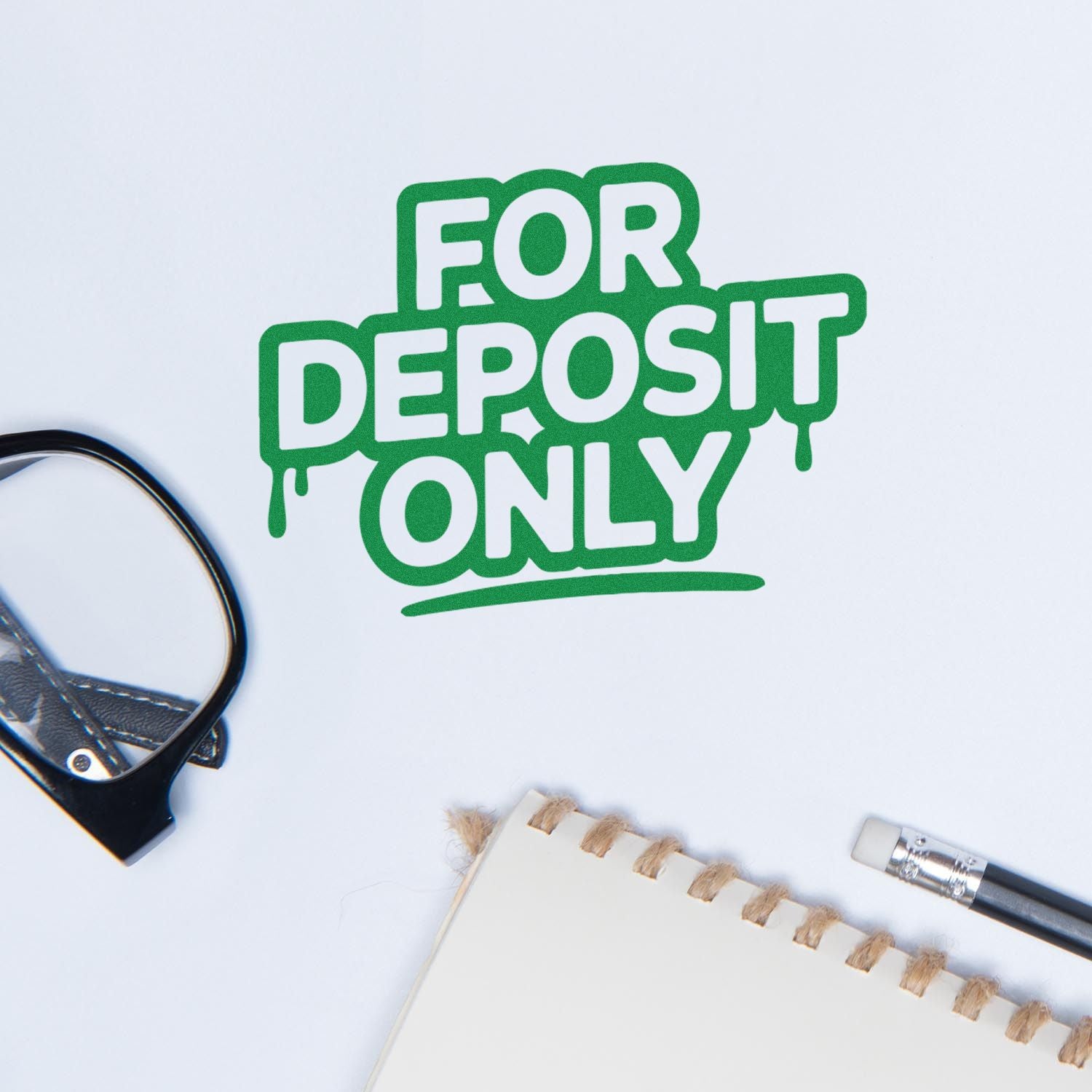 Green For Deposit Only rubber stamp design for bank endorsement and business check processing.