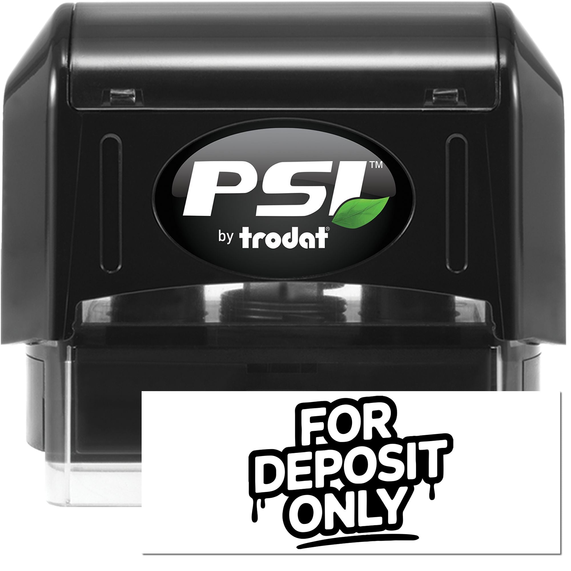 PSI by Trodat self-inking rubber stamp with For Deposit Only imprint for bank endorsement and business check processing.