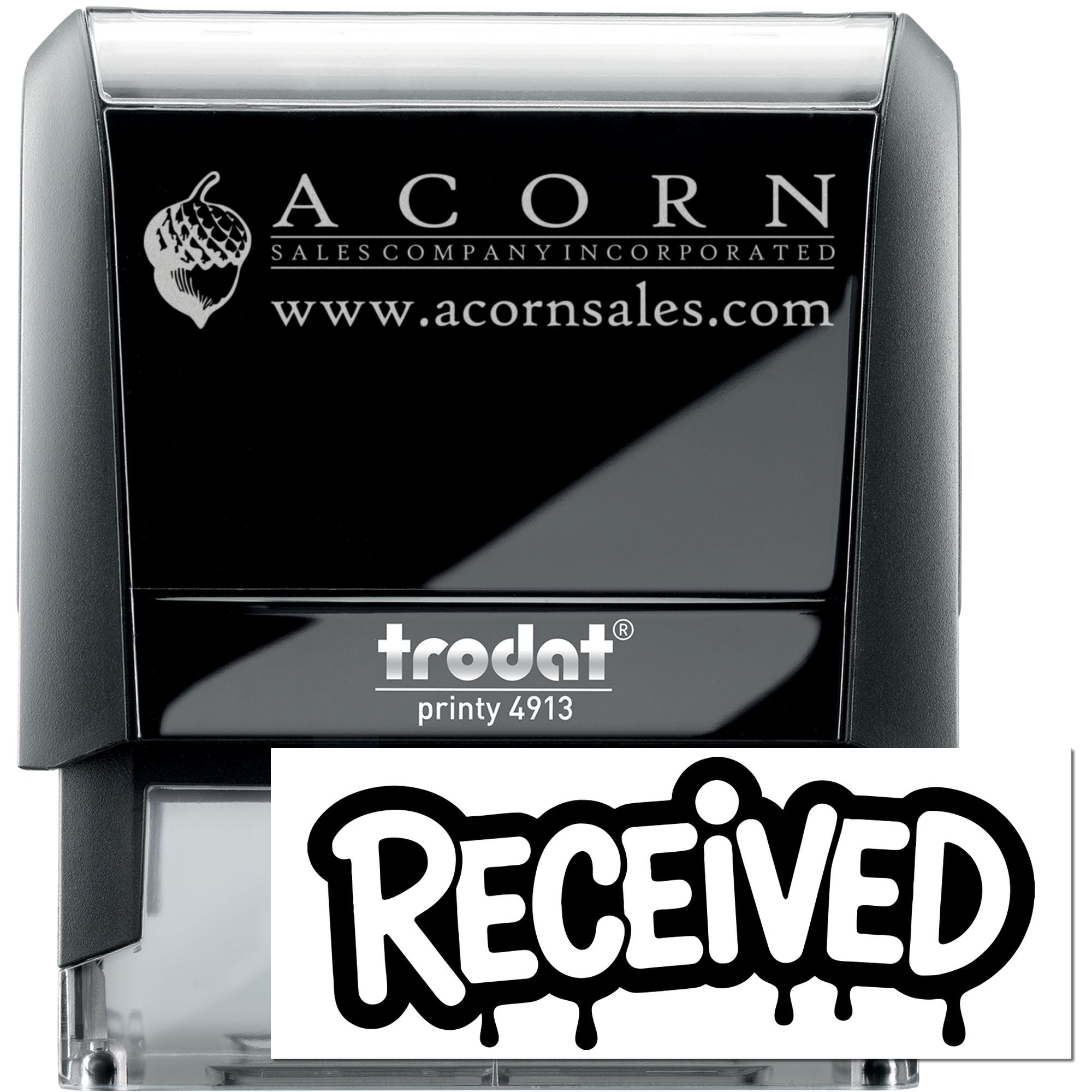 Custom Trodat Printy 4913 self-inking rubber stamp with Acorn Sales Company logo and Received imprint for office document marking