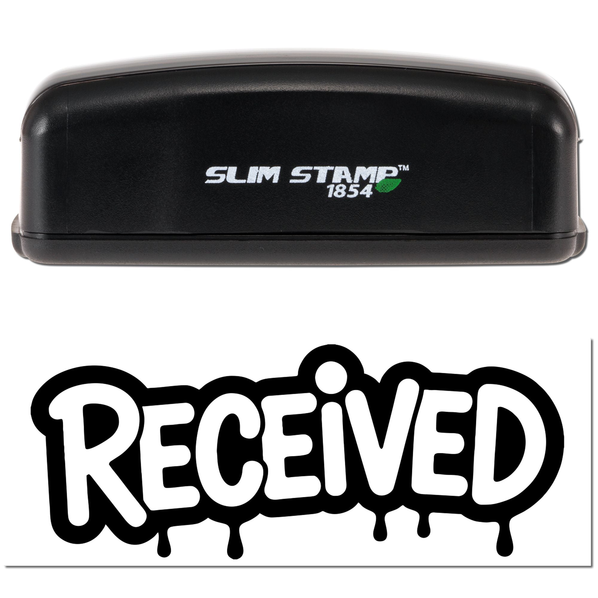 Self-inking rubber stamp with RECEIVED imprint in bold dripping letters for office mail and document processing.