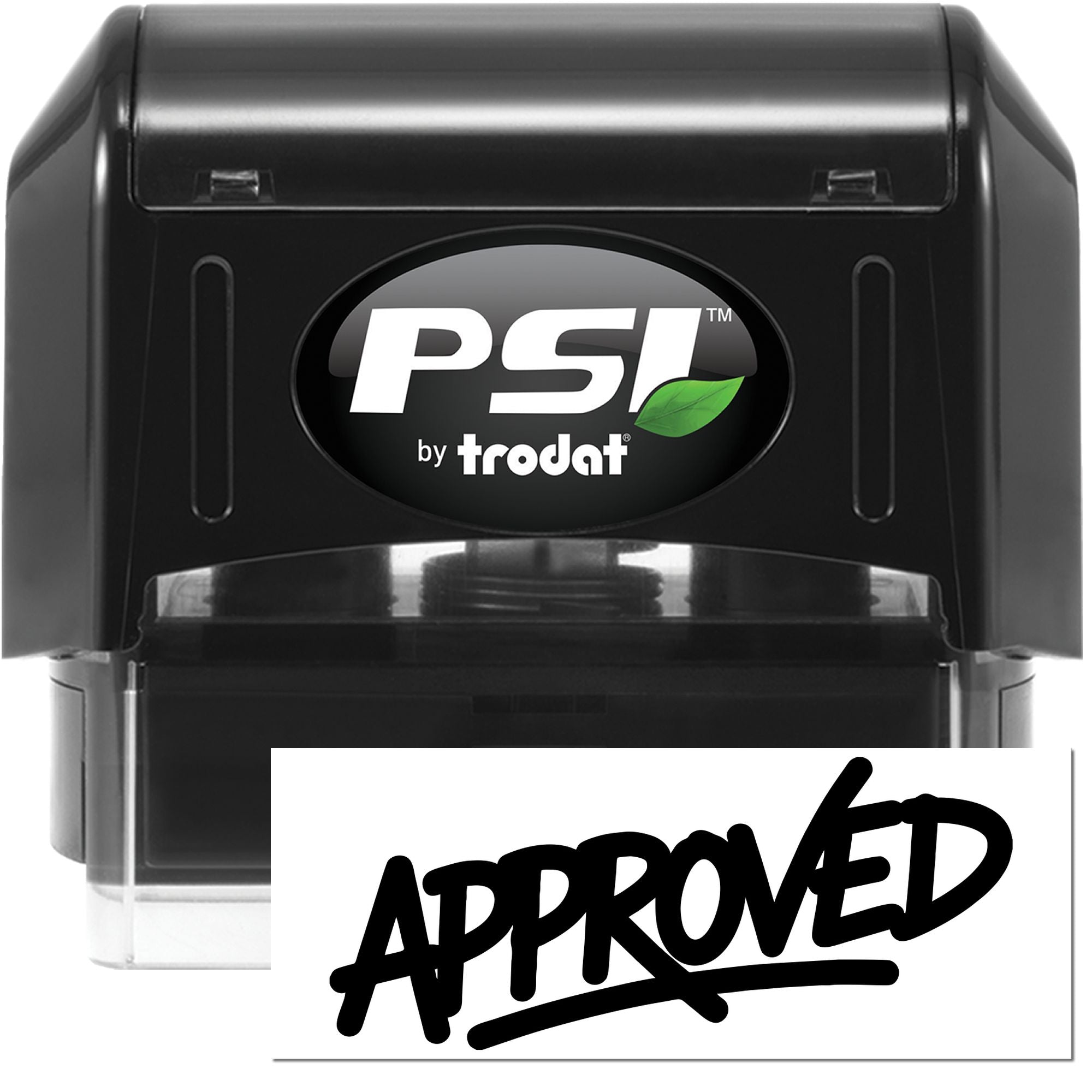 PSI by Trodat self-inking rubber stamp with bold Approved imprint for office document approval.