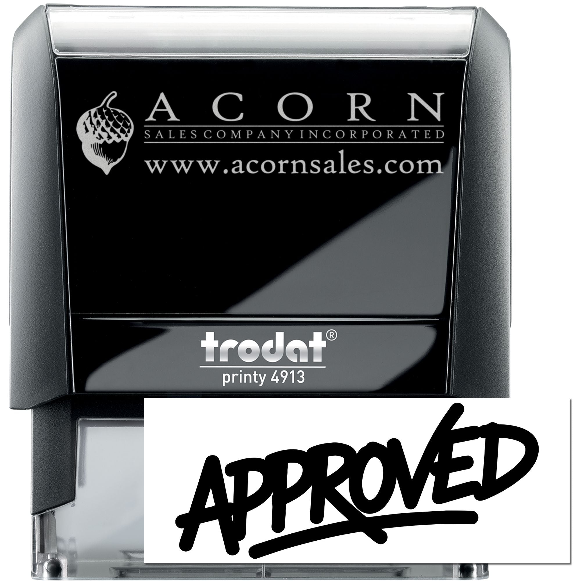 Custom self-inking rubber stamp, Trodat Printy 4913, with business logo and APPROVED imprint for office use.