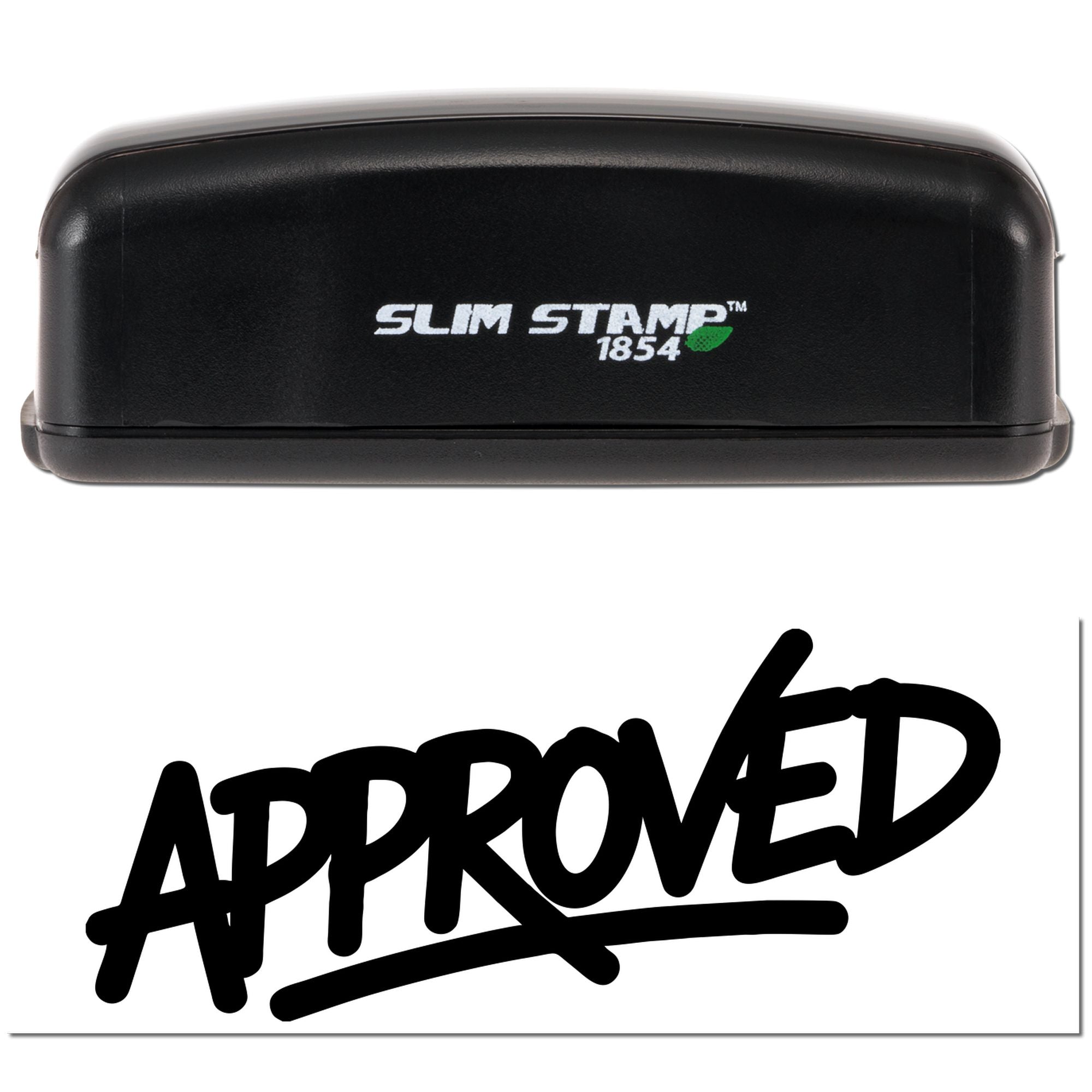 Slim Stamp 1854 custom rubber stamp with bold Approved imprint for office, document, and quality control use.