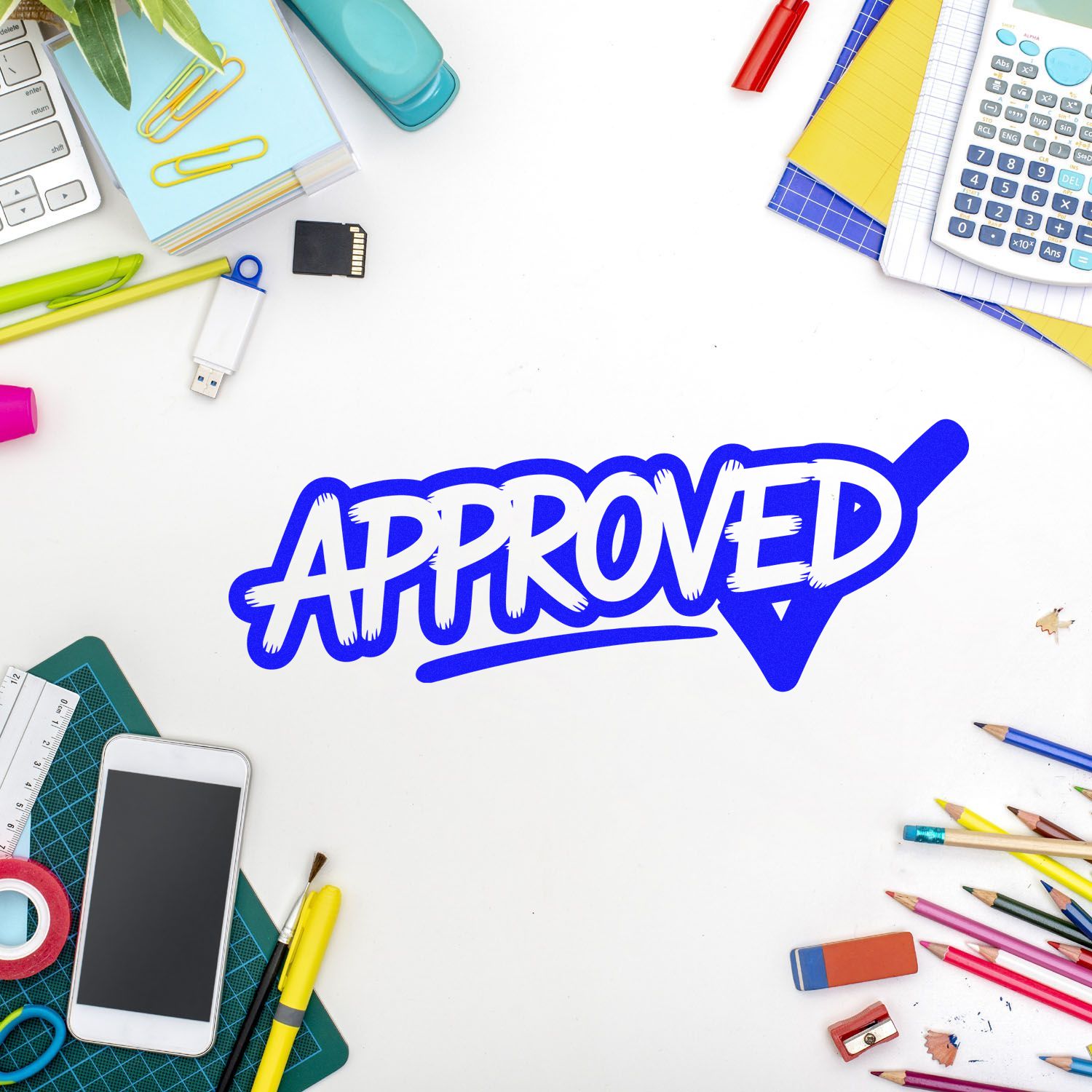 Blue approved rubber stamp graphic on a desk with office supplies, symbolizing document approval and business workflow.