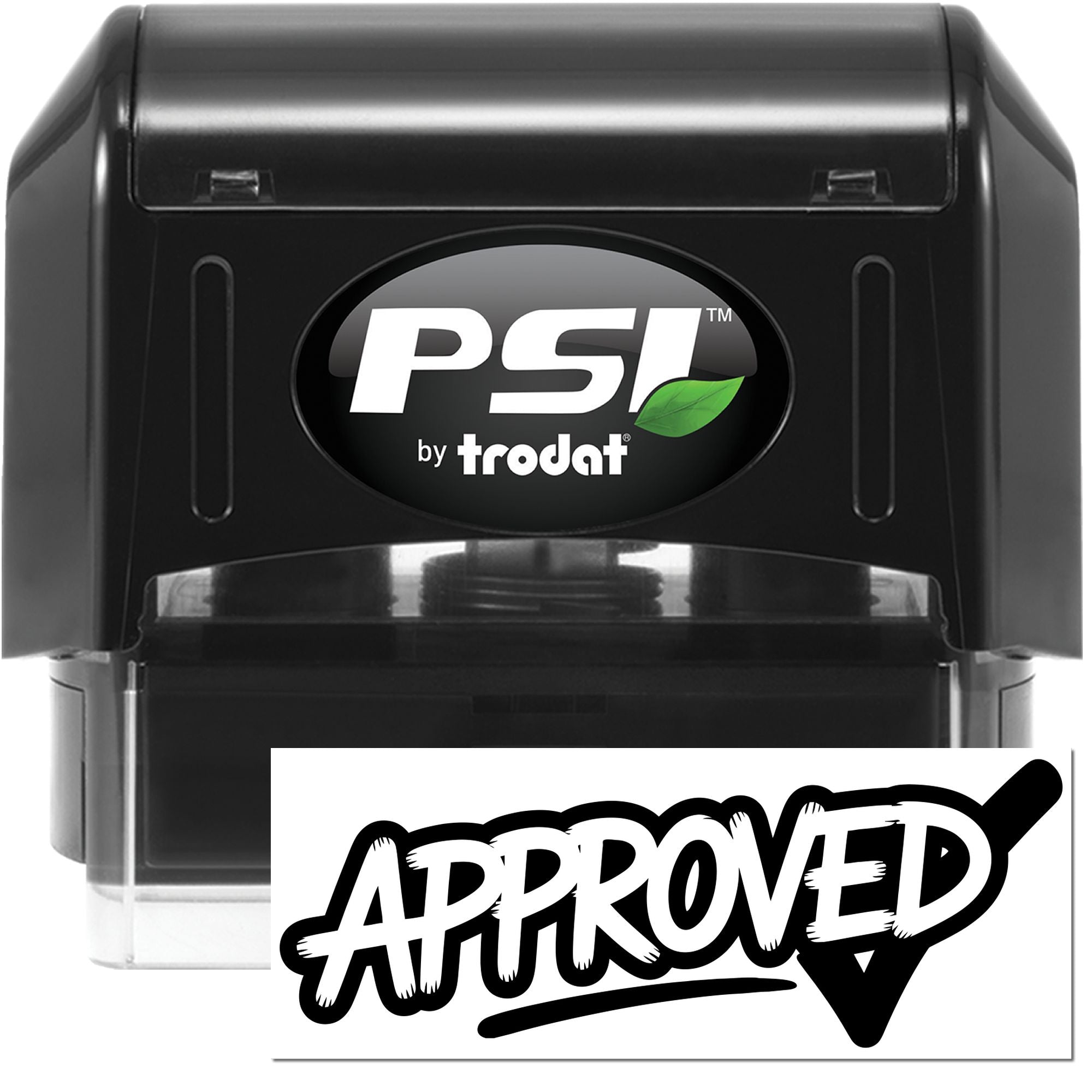 PSI by Trodat self-inking rubber stamp with Approved imprint for quick office document approval.