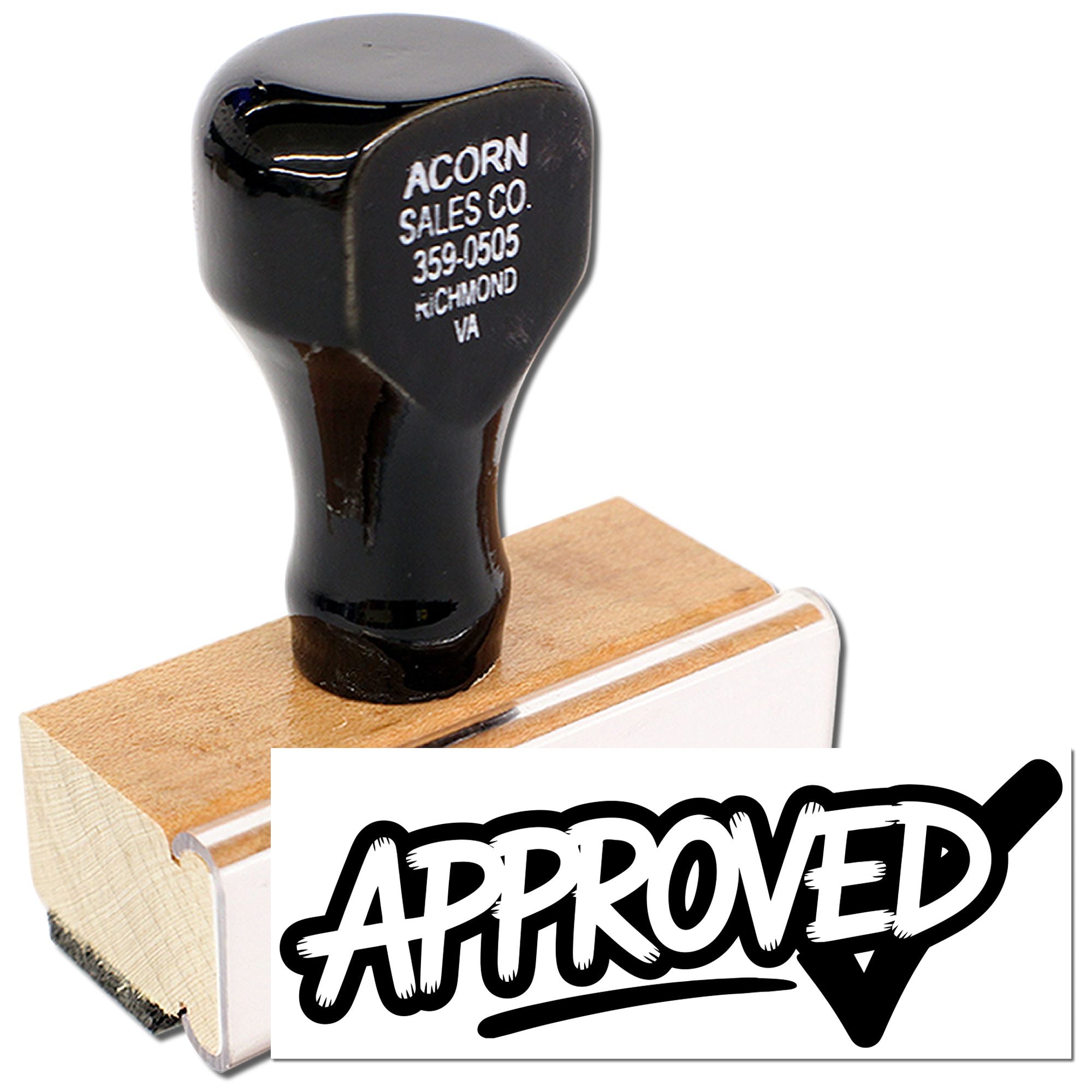 Approved rubber stamp with wood mount for marking documents, invoices, and business approvals.