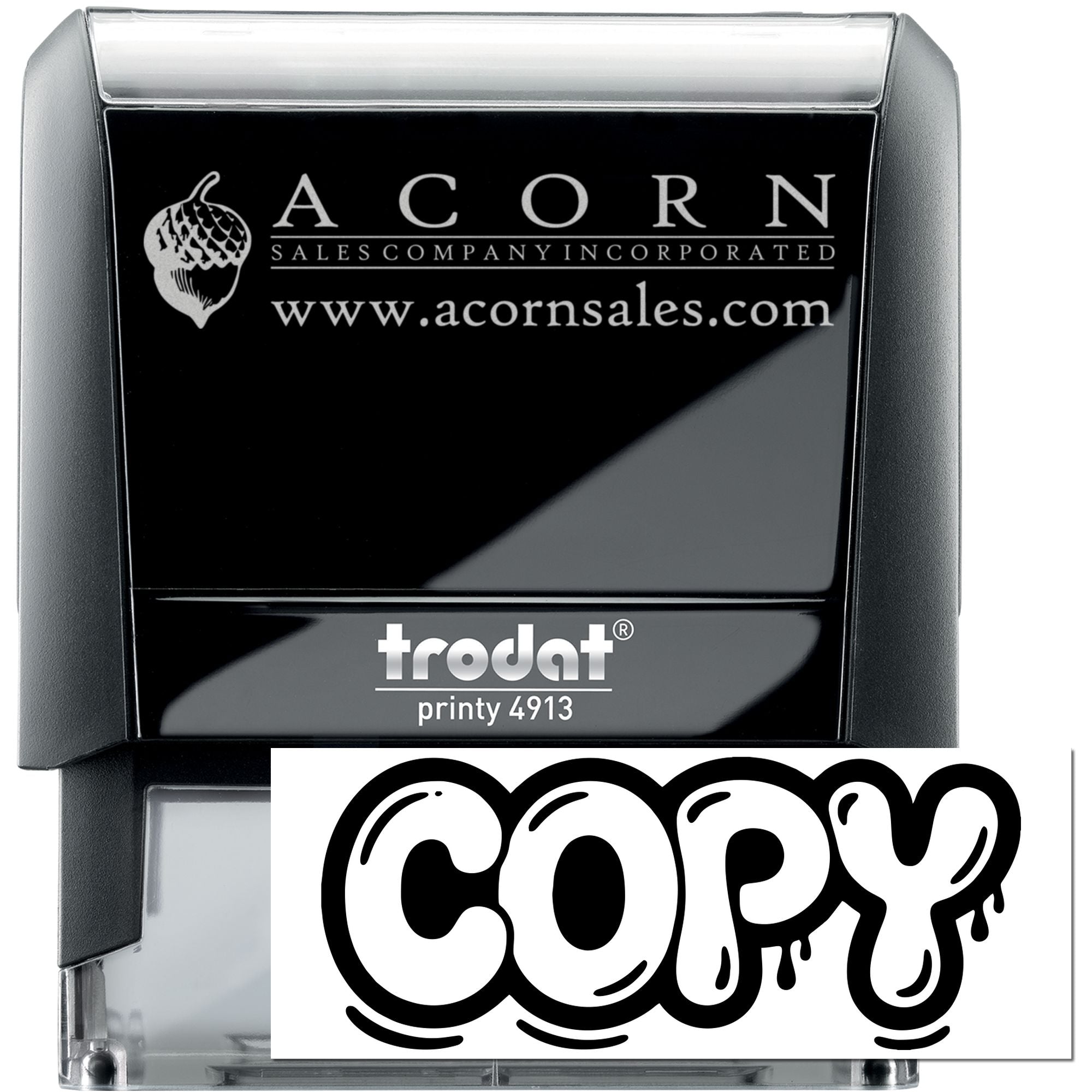 Custom self-inking rubber stamp, Trodat Printy 4913, with Acorn Sales Company logo and website for business branding.