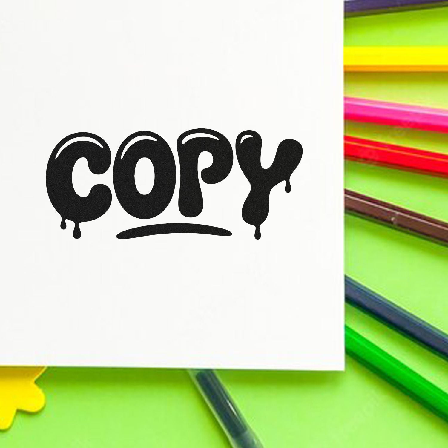 Copy rubber stamp design in bold dripping black letters, ideal for office, school, or craft labeling.