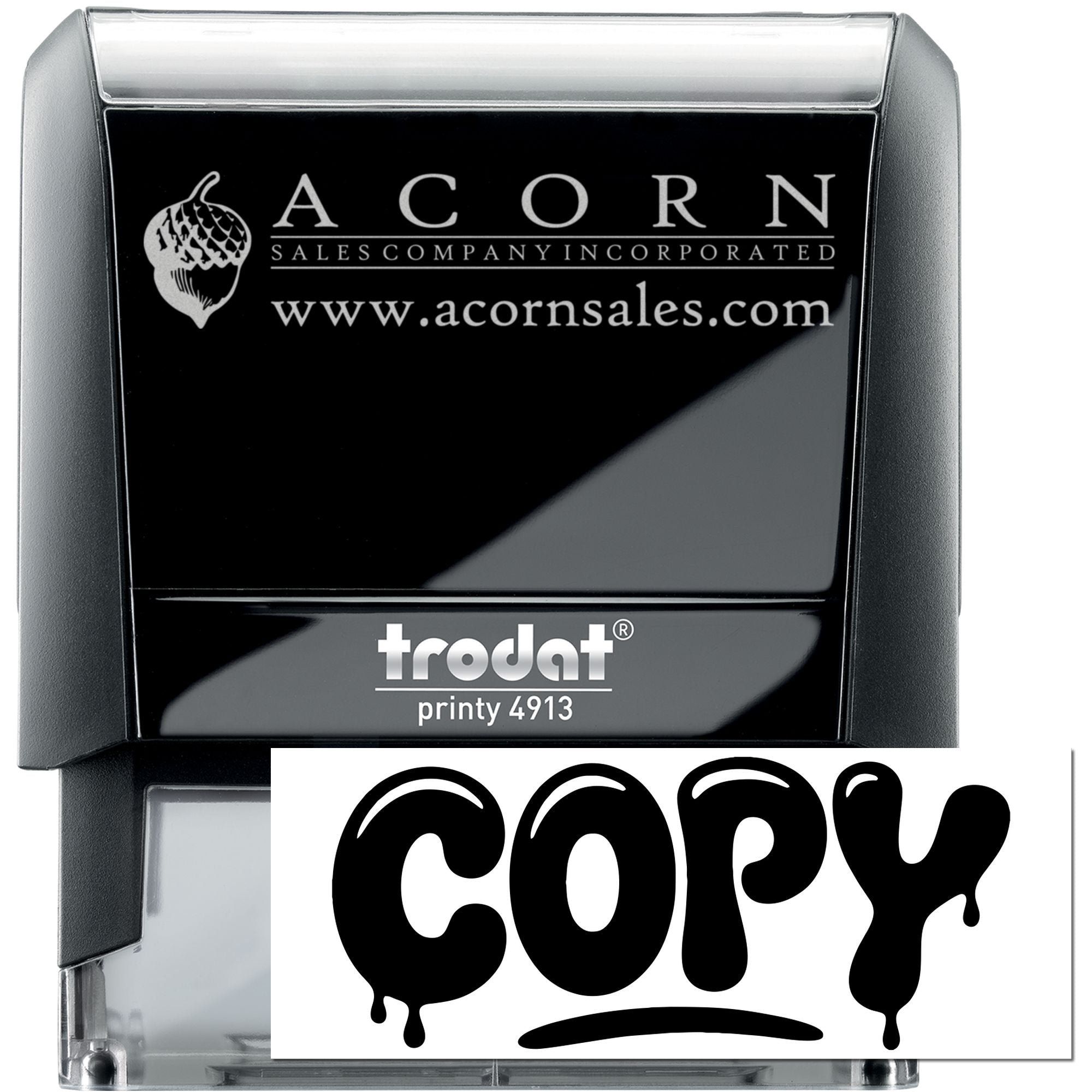 Self-inking Trodat Printy 4913 copy stamp with Acorn Sales Company logo and website for office document marking