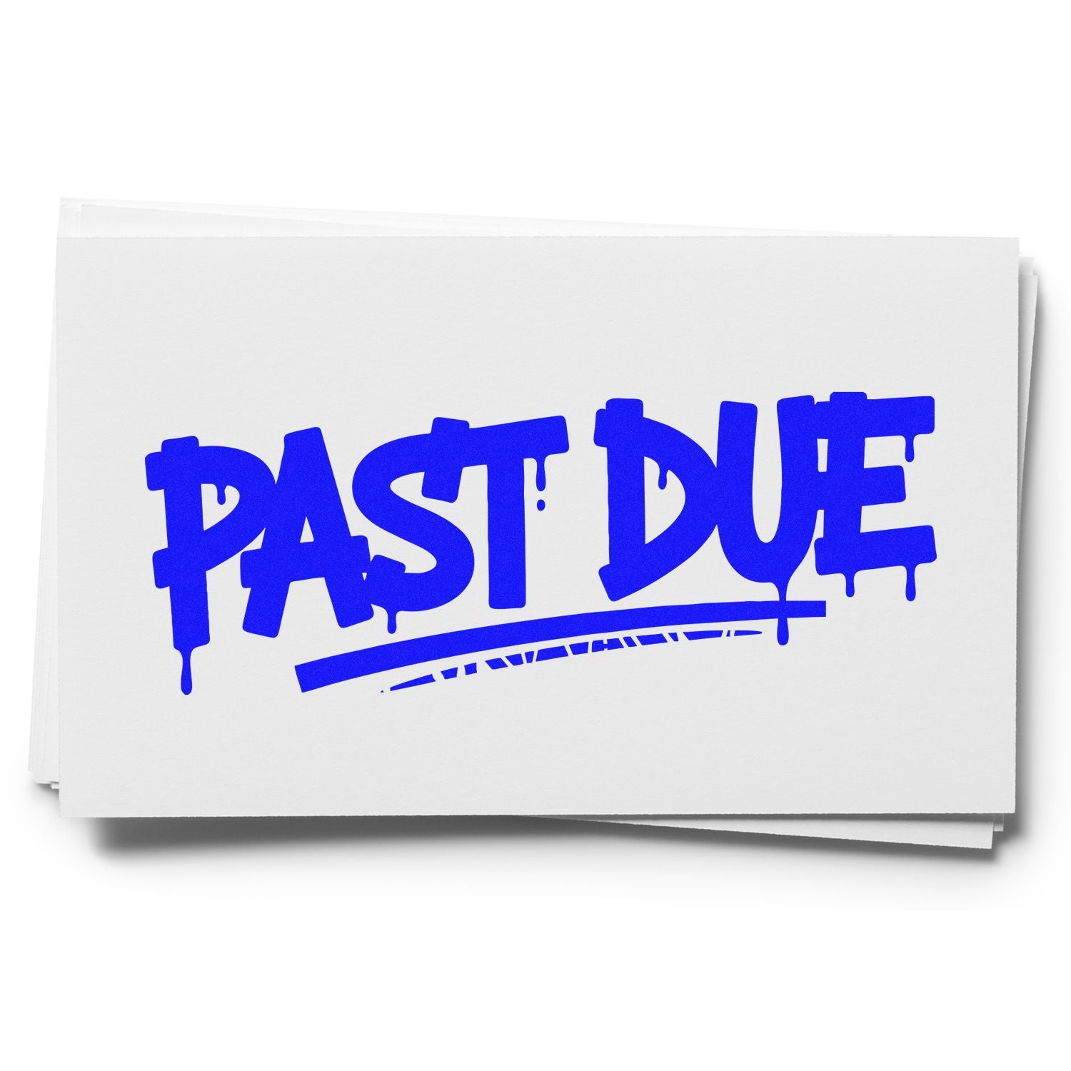 Past Due rubber stamp with bold blue graffiti lettering on stacked white cards for overdue invoice or office reminder use.
