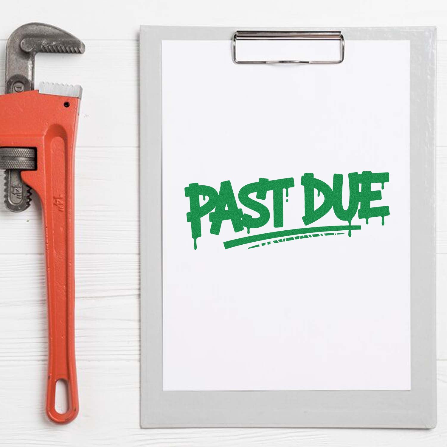 Past Due rubber stamp on clipboard, ideal for marking overdue invoices, late payments, and billing reminders.