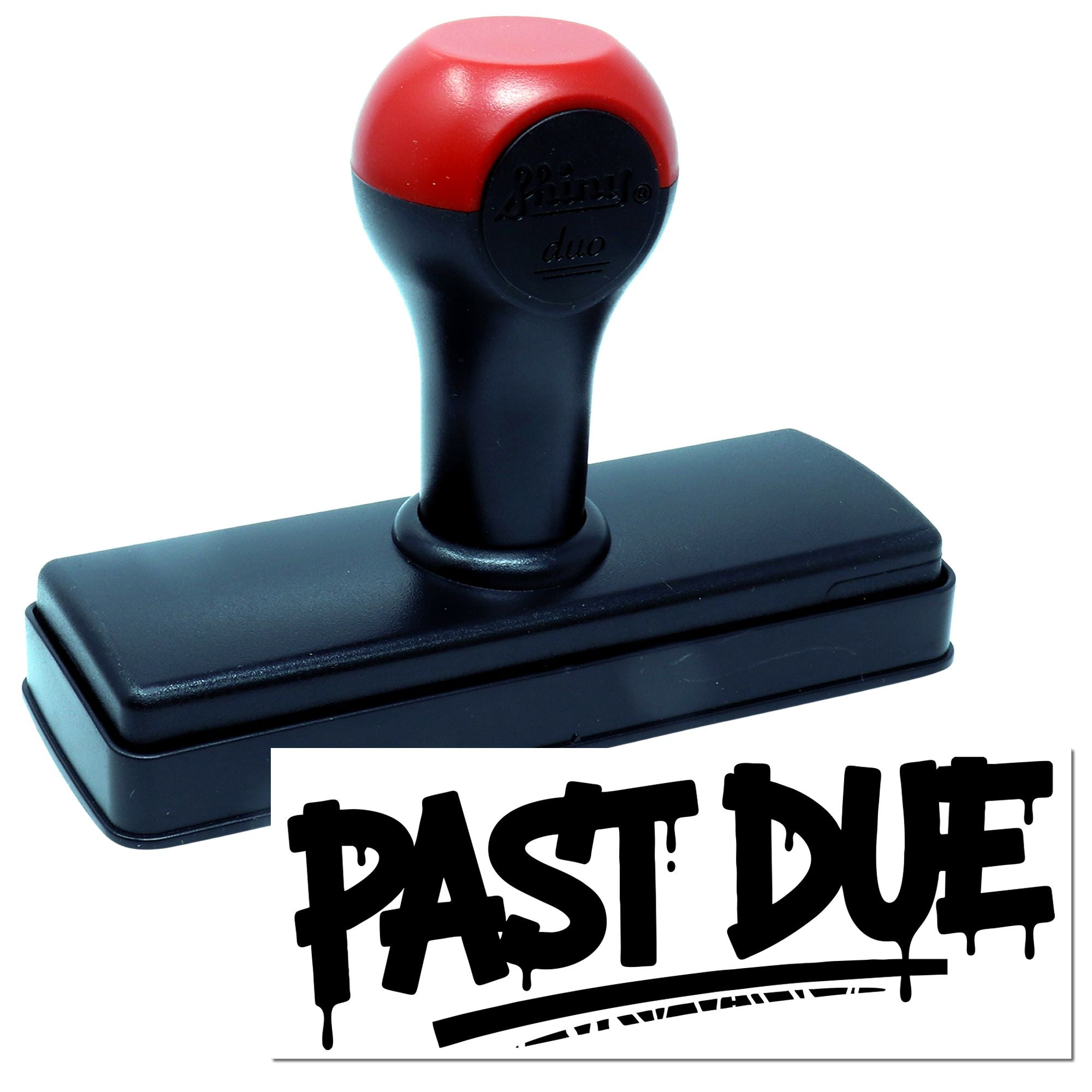 Self-inking Past Due rubber stamp with red and black handle for marking overdue invoices and paperwork.
