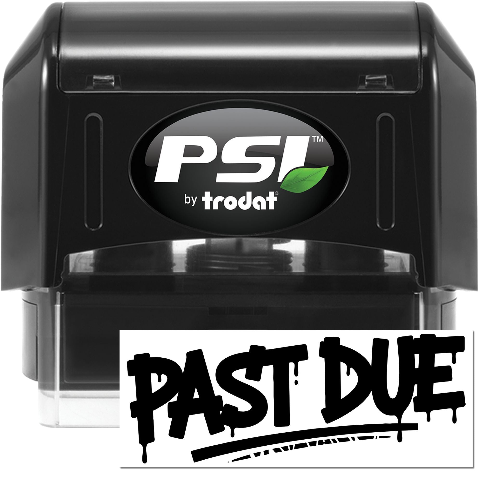 PSI by Trodat self-inking rubber stamp with bold Past Due imprint for office document and invoice reminders.