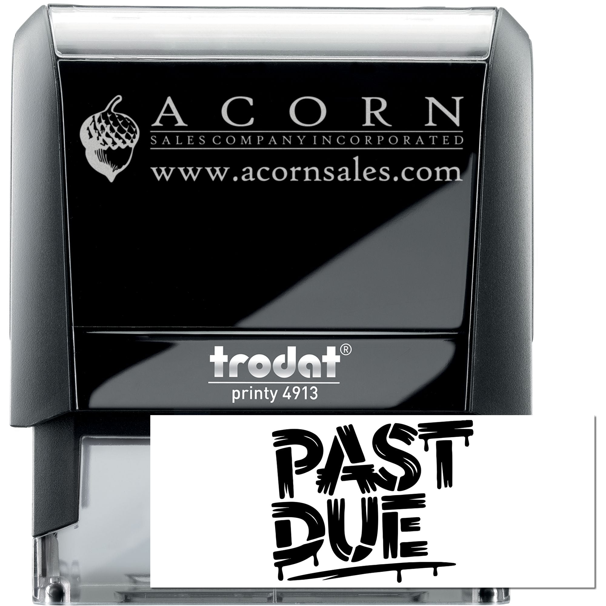 Trodat Printy 4913 self-inking business rubber stamp with custom Acorn Sales logo and PAST DUE imprint