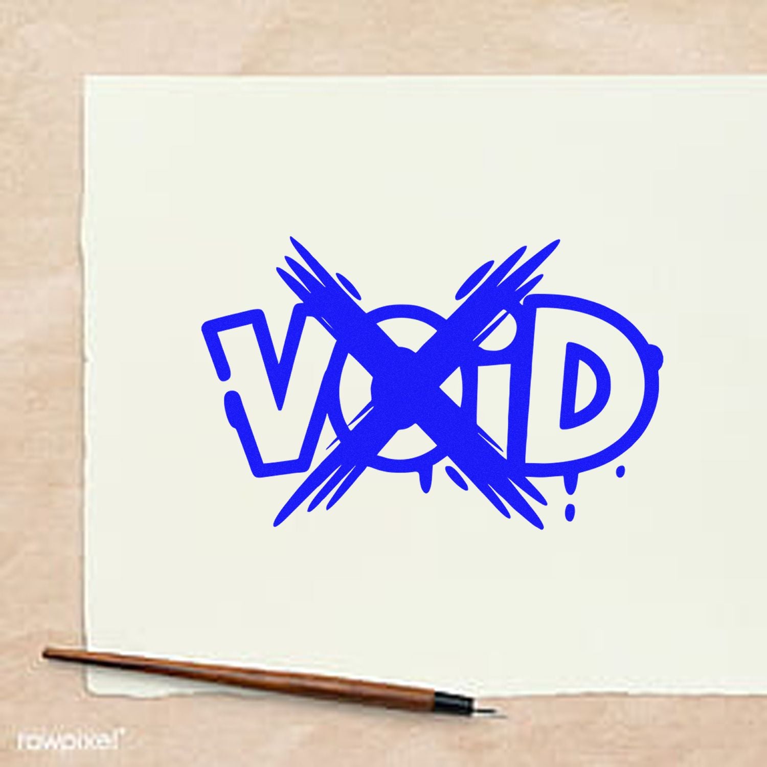 Blue VOID rubber stamp impression with crossed-out text on paper for document cancellation.