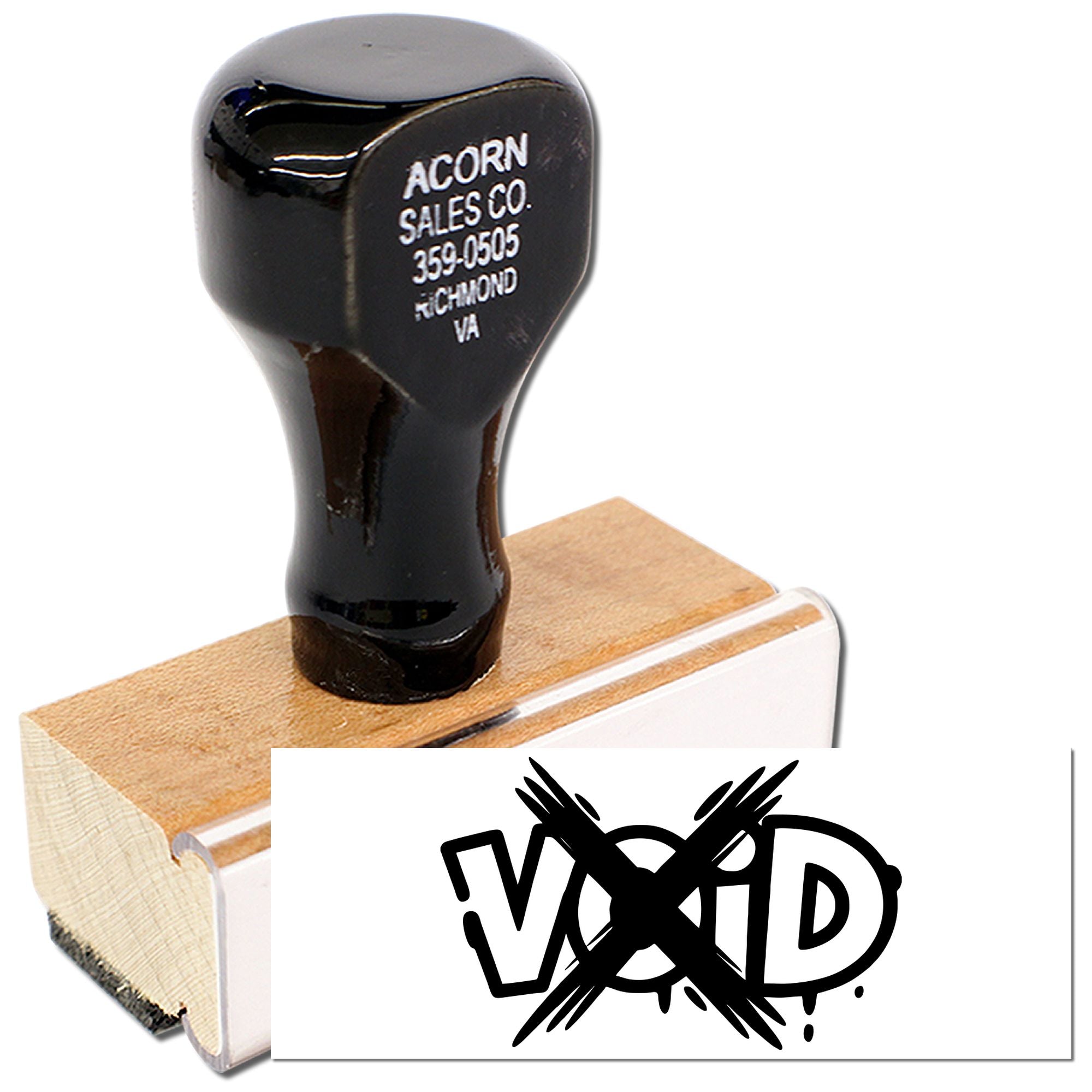Wood handle VOID rubber stamp for canceling documents, marking forms invalid, and office record control.
