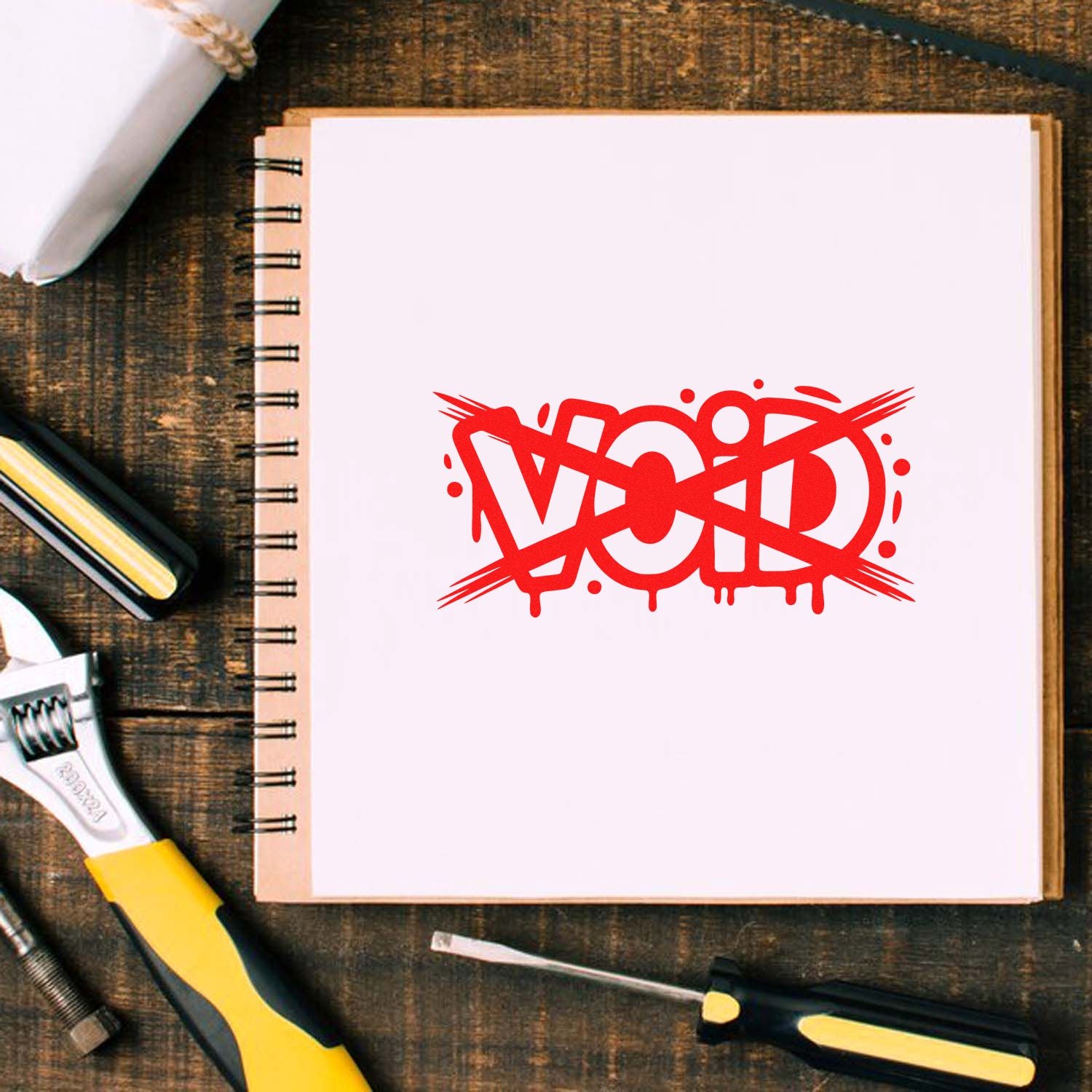 Red VOID rubber stamp impression on a notebook, showing a bold document cancellation stamp for office or craft use.