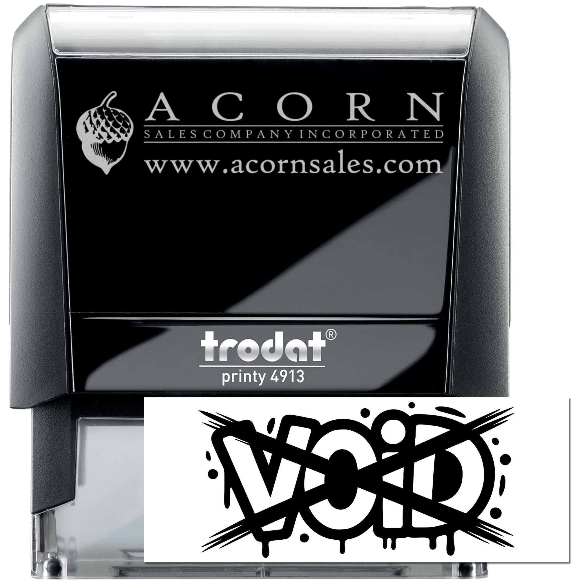 Custom self-inking rubber stamp Trodat Printy 4913 with Acorn Sales Company logo, website, and VOD graphic imprint