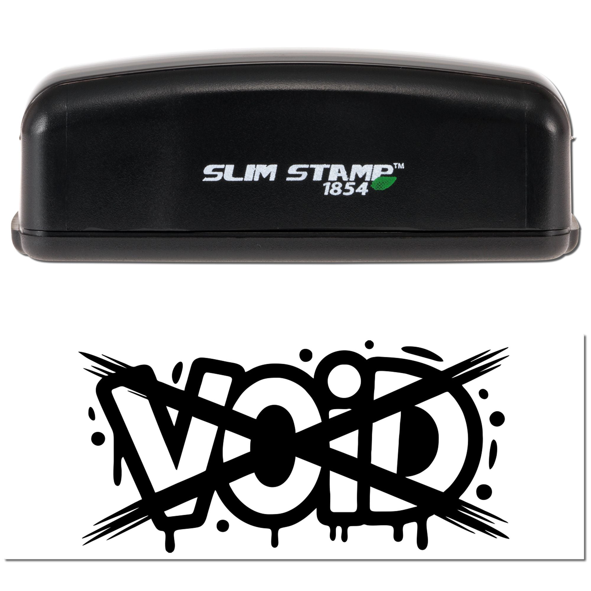 Slim Stamp 1854 self-inking rubber stamp with VOID graffiti-style impression for document cancellation.