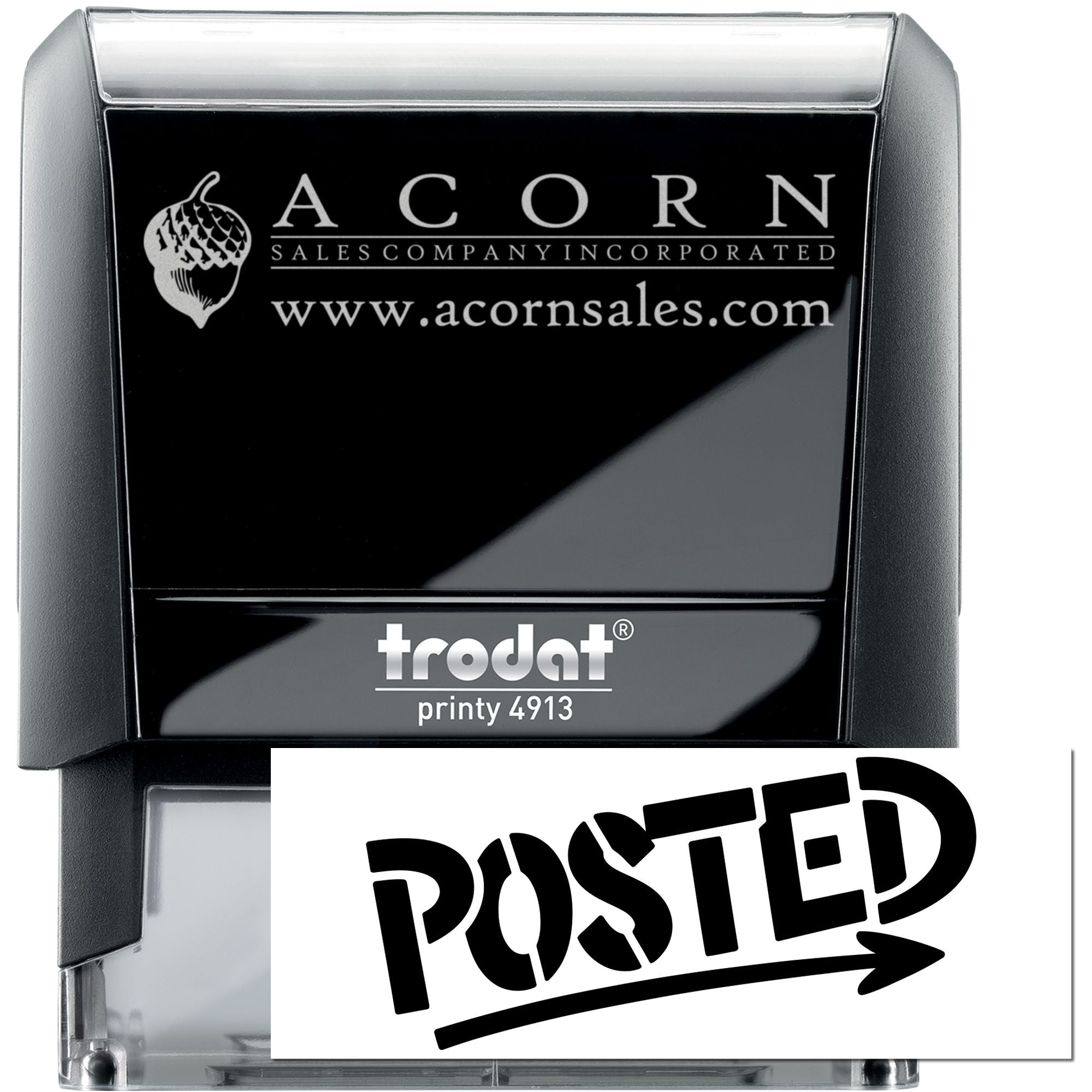 Custom self-inking rubber stamp for Acorn Sales Company with logo, website, and POSTED imprint