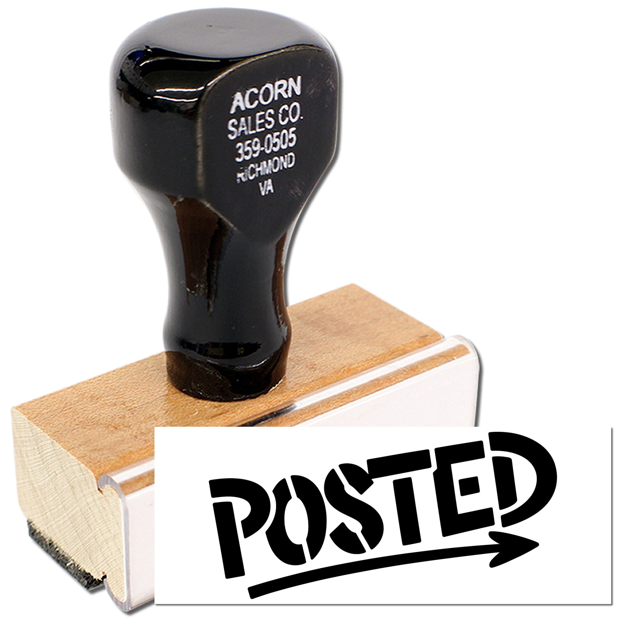 Wooden rubber stamp with bold POSTED imprint for marking documents, mail, and office paperwork.