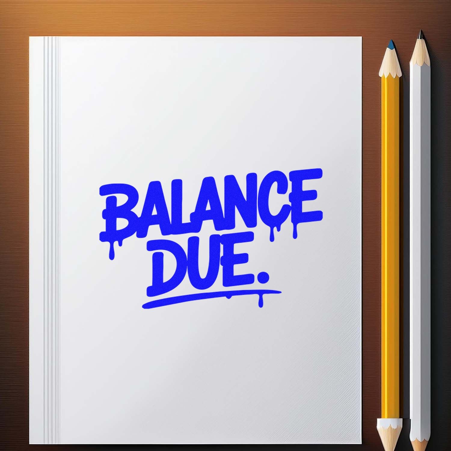 Balance Due rubber stamp on blank notebook page, ideal for invoicing, bookkeeping, and office accounting.