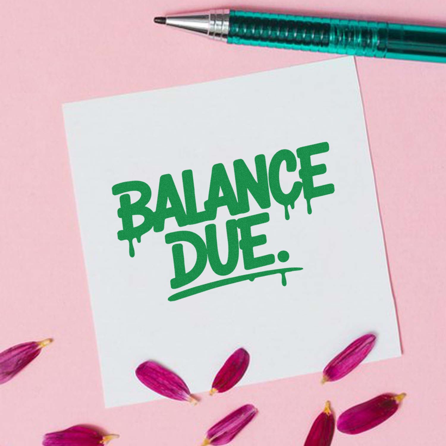 Balance Due rubber stamp design on white card with pen, ideal for billing, invoices, and office paperwork.