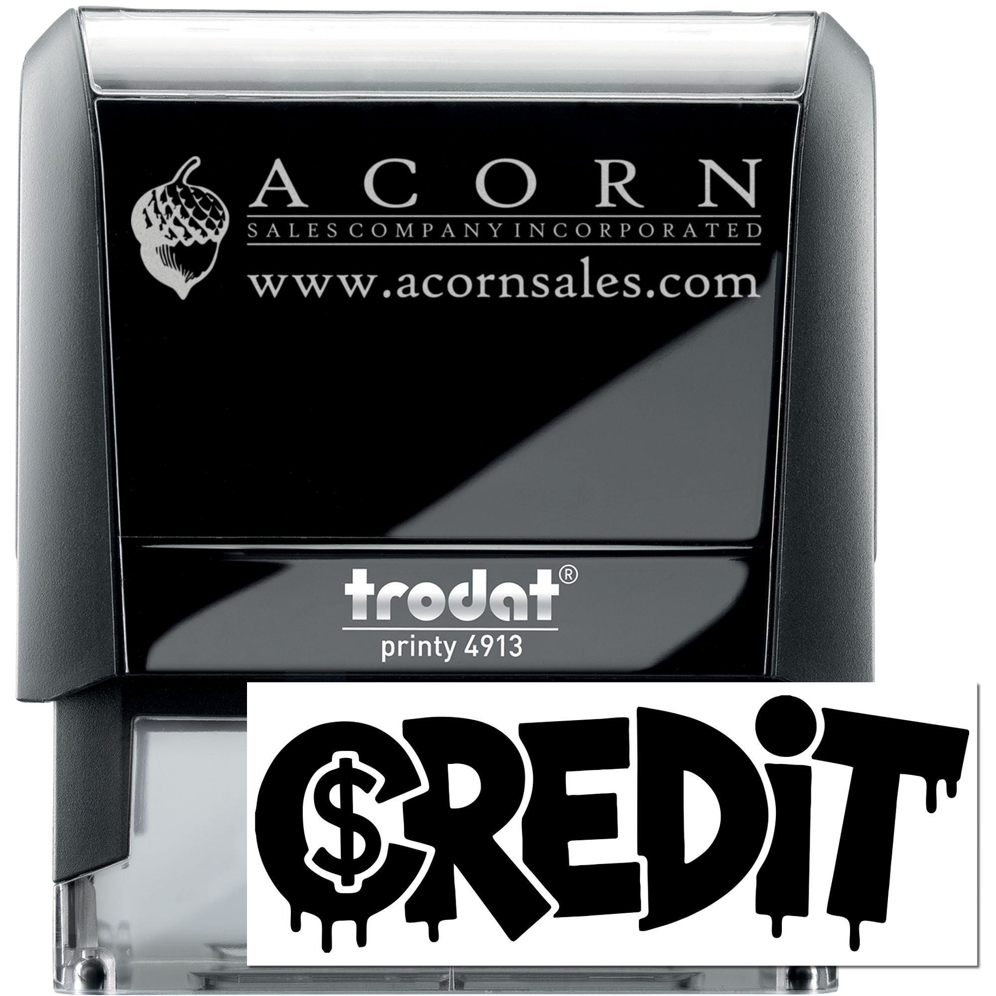 Custom self-inking rubber stamp with Acorn Sales logo and website, Trodat Printy 4913, ideal for business branding and credit stamps.