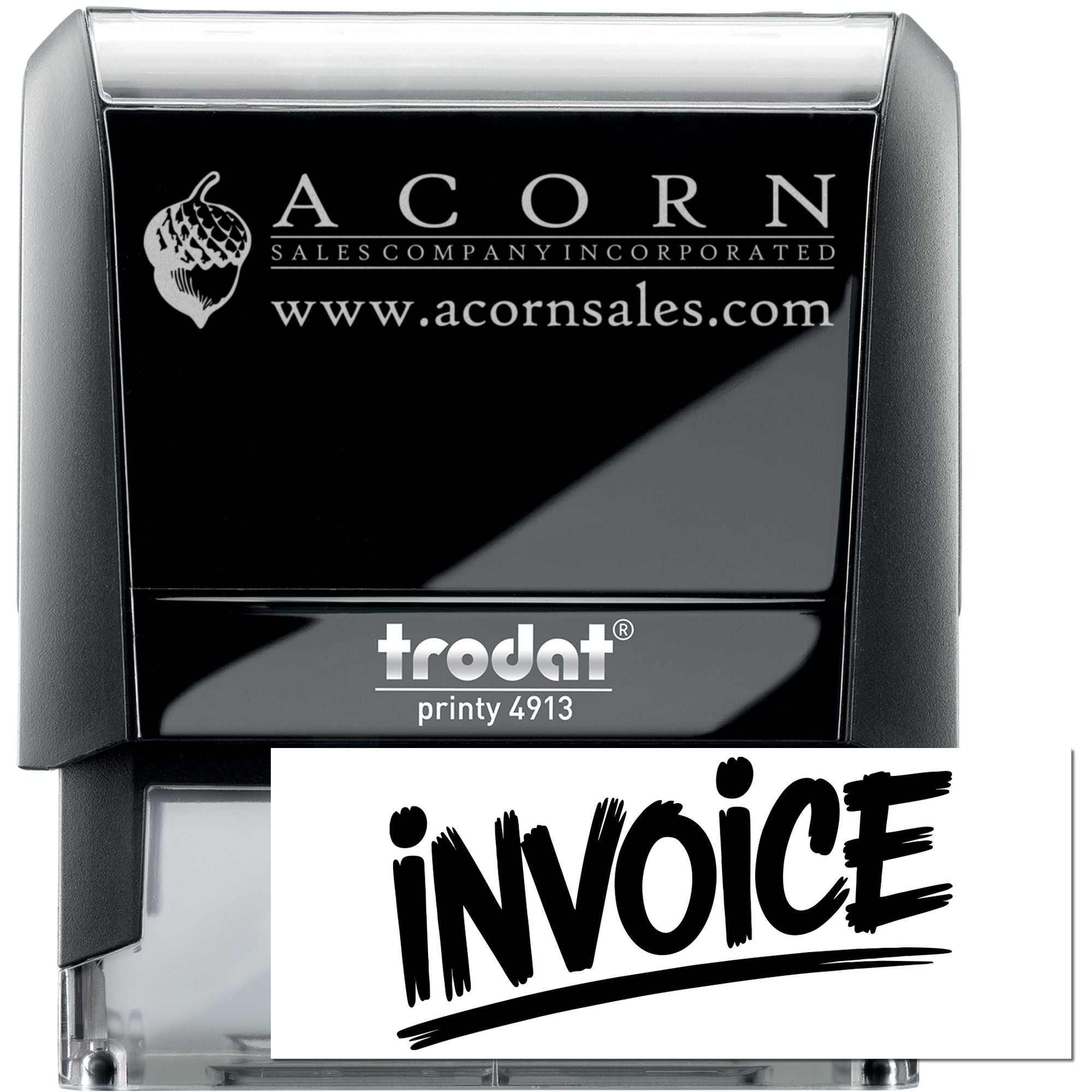 Custom self-inking rubber stamp for invoices, Trodat Printy 4913, with Acorn Sales Company logo.