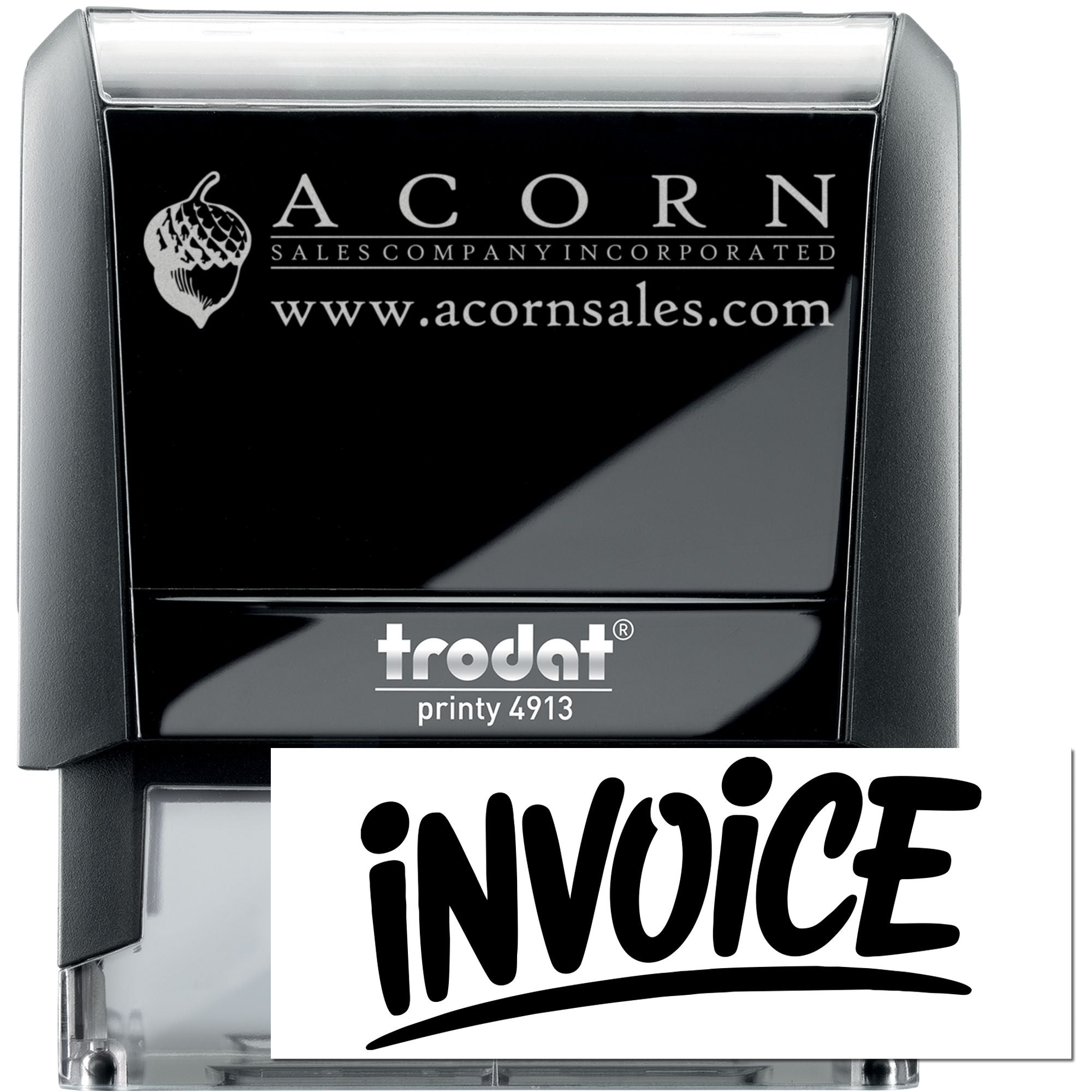 Custom Trodat Printy 4913 self-inking rubber stamp for Acorn Sales Company invoice marking with logo and website