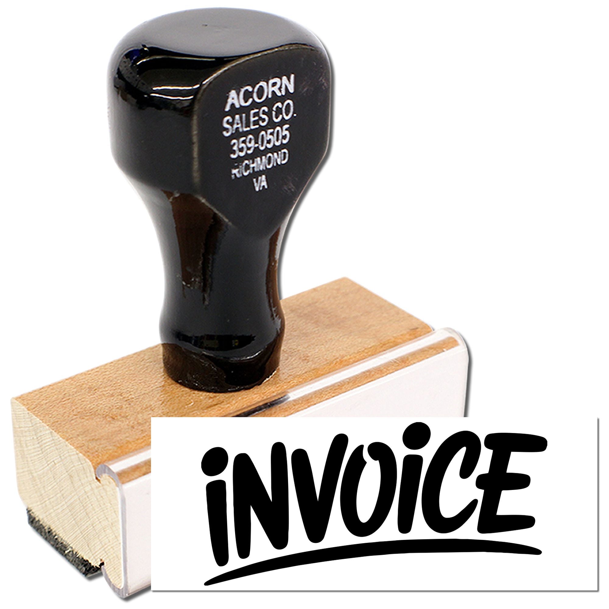 Custom invoice rubber stamp with wooden handle for office bookkeeping and document processing.