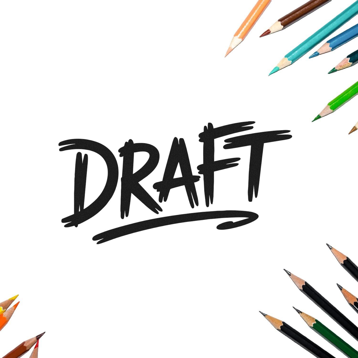 DRAFT rubber stamp text with colored pencils, ideal for marking documents, sketches, and preliminary approvals.