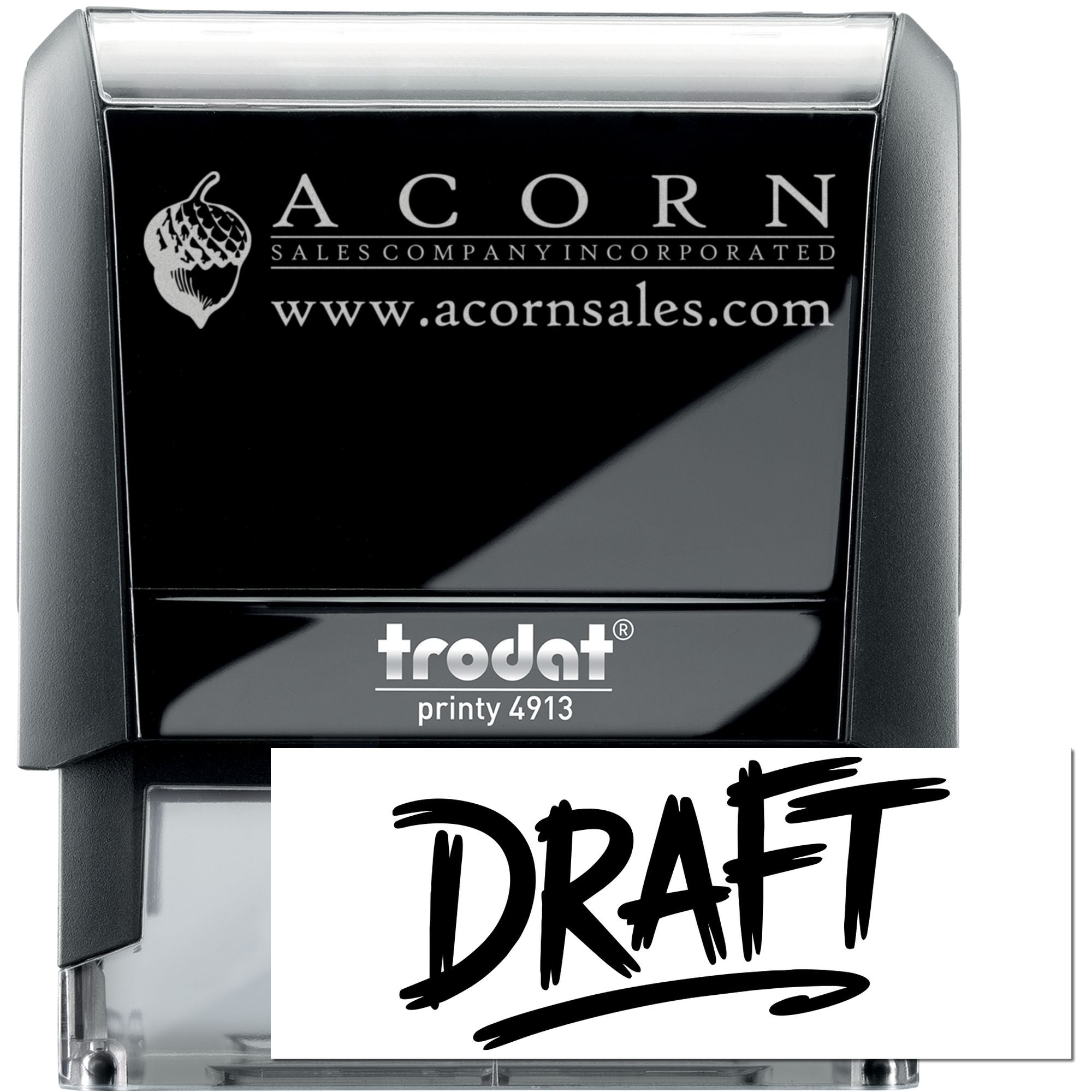 Custom self-inking rubber stamp by Trodat Printy 4913 with Acorn Sales Company logo, website and draft artwork.