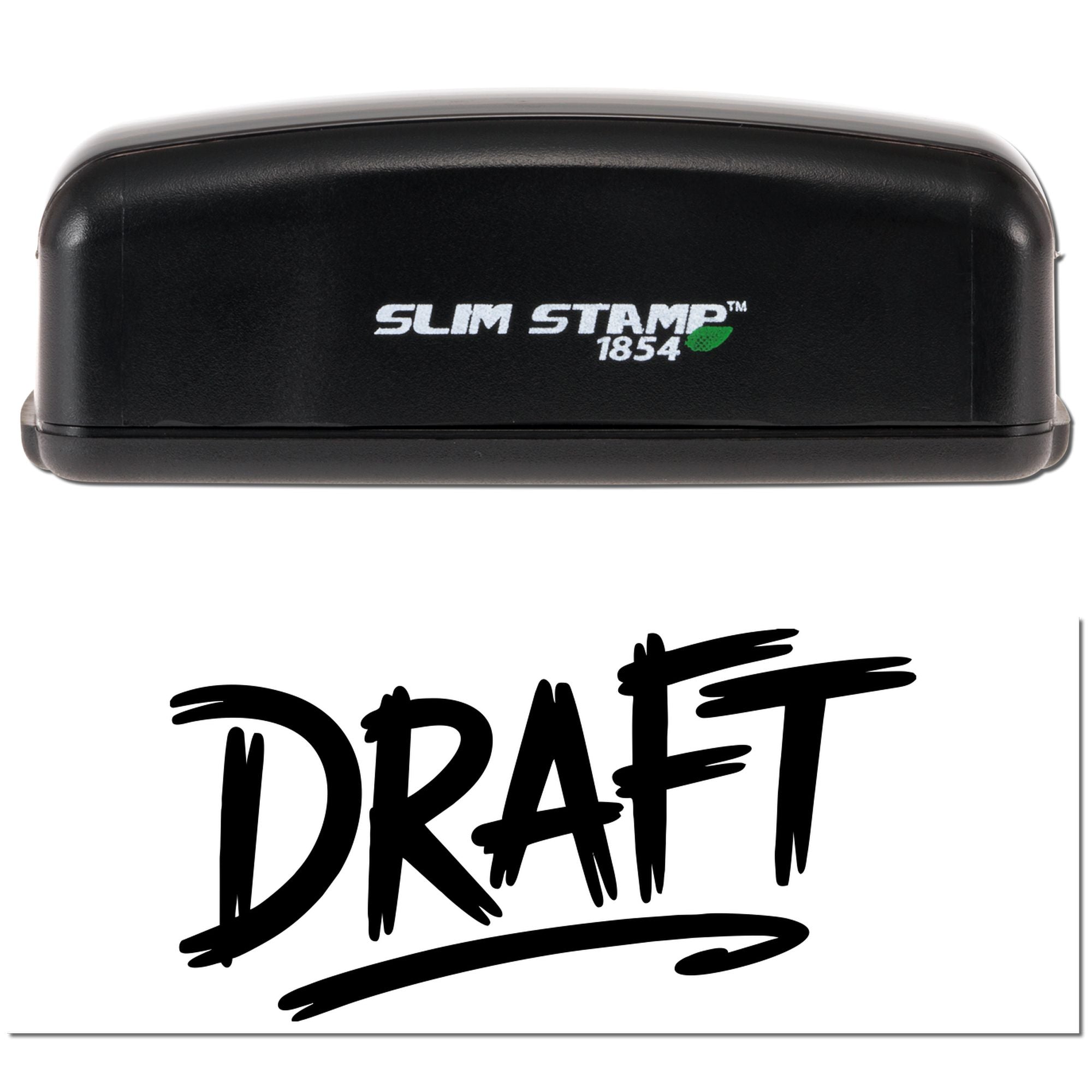 Self-inking Slim Stamp 1854 rubber stamp with bold DRAFT imprint for office document review and approval.