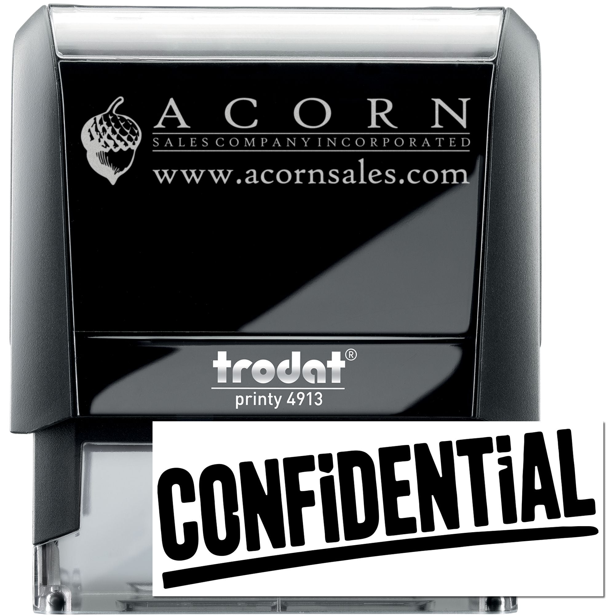 Custom Trodat self-inking rubber stamp with ACORN Sales logo and confidential imprint for business documents.