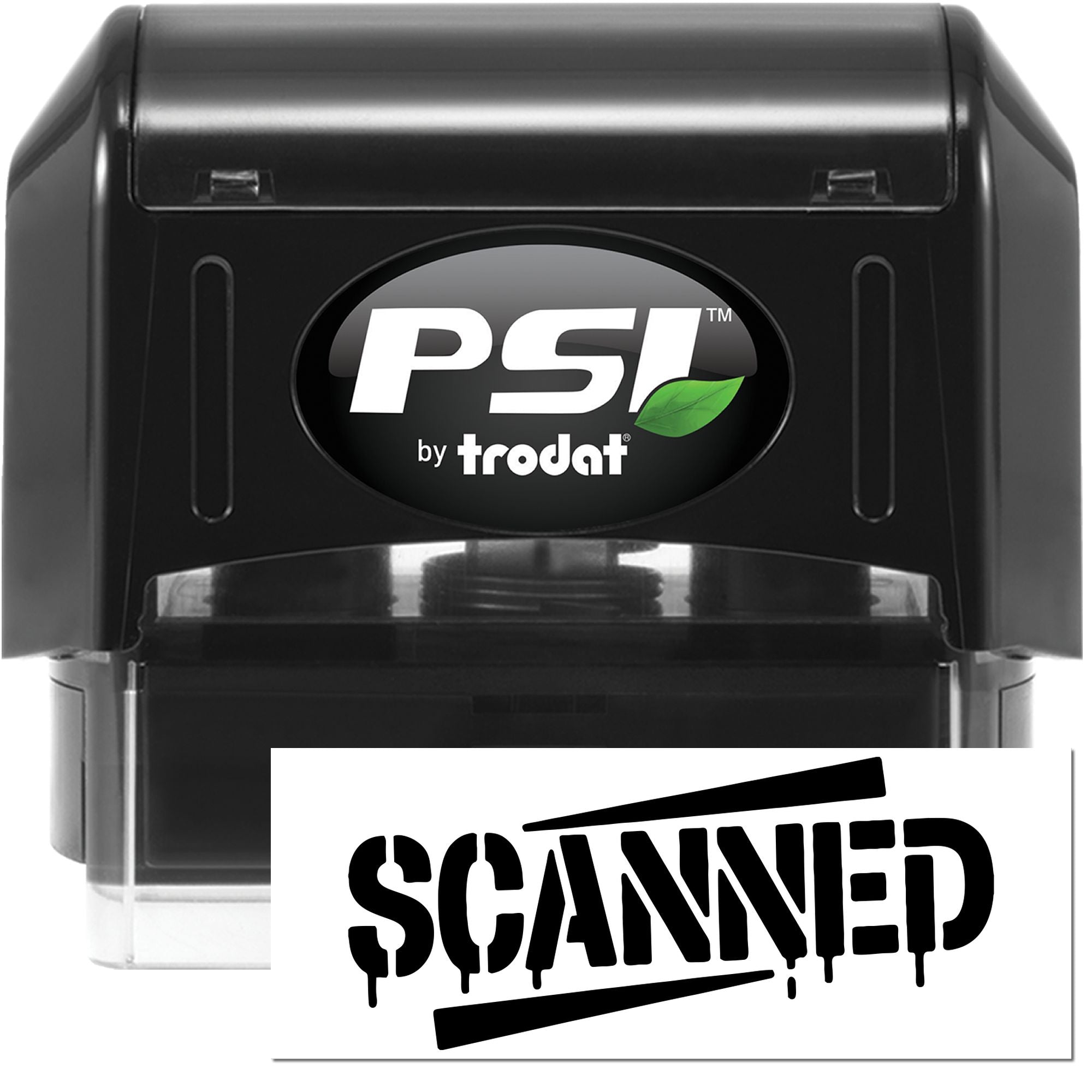 PSI by Trodat self-inking rubber stamp with SCANNED imprint for document processing and mail sorting.