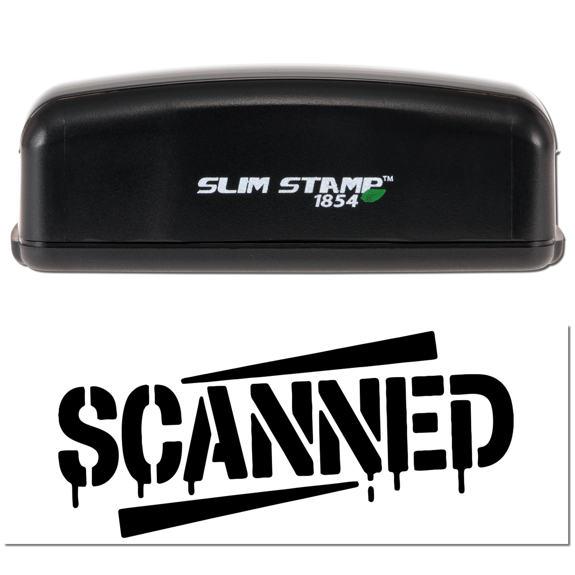 Slim Stamp 1854 self-inking rubber stamp with bold SCANNED imprint for document processing and file organization.