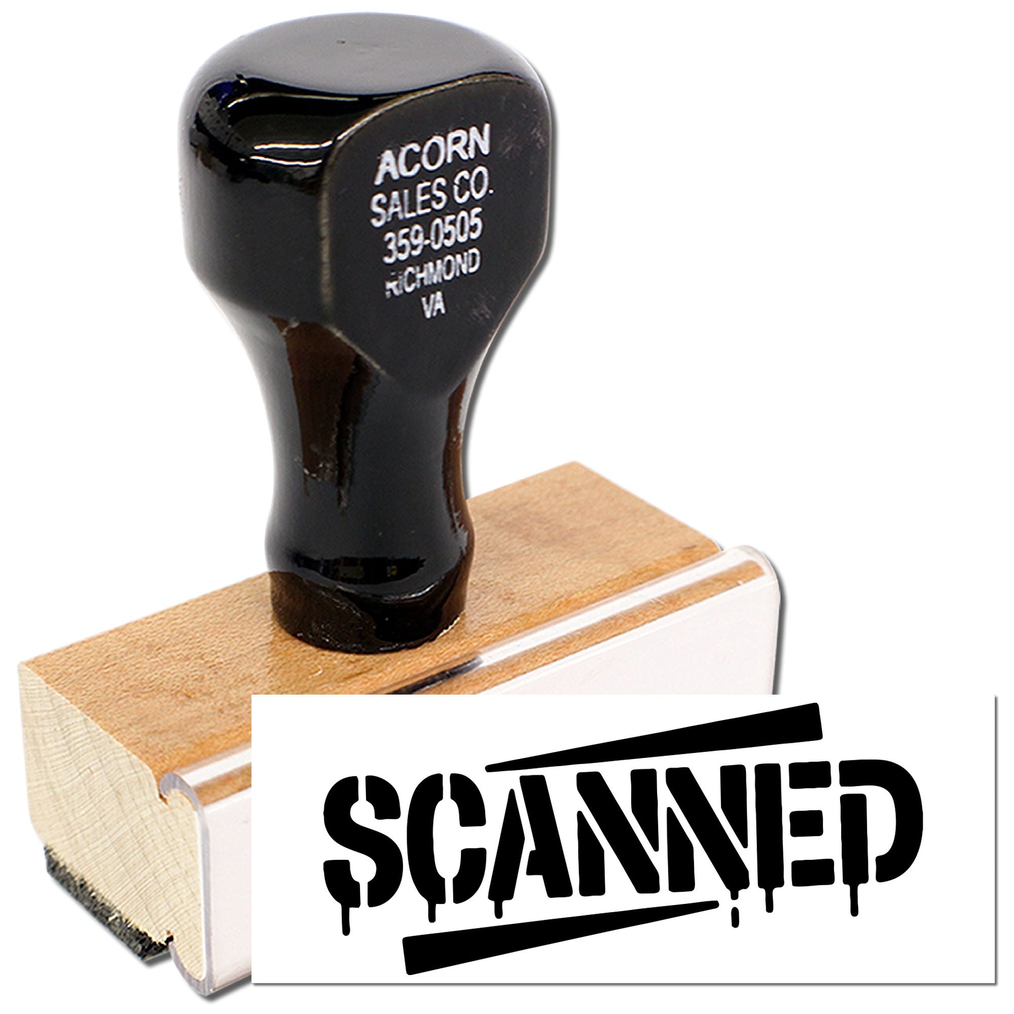 Wooden rubber stamp with SCANNED imprint for marking documents, office files, and mail.