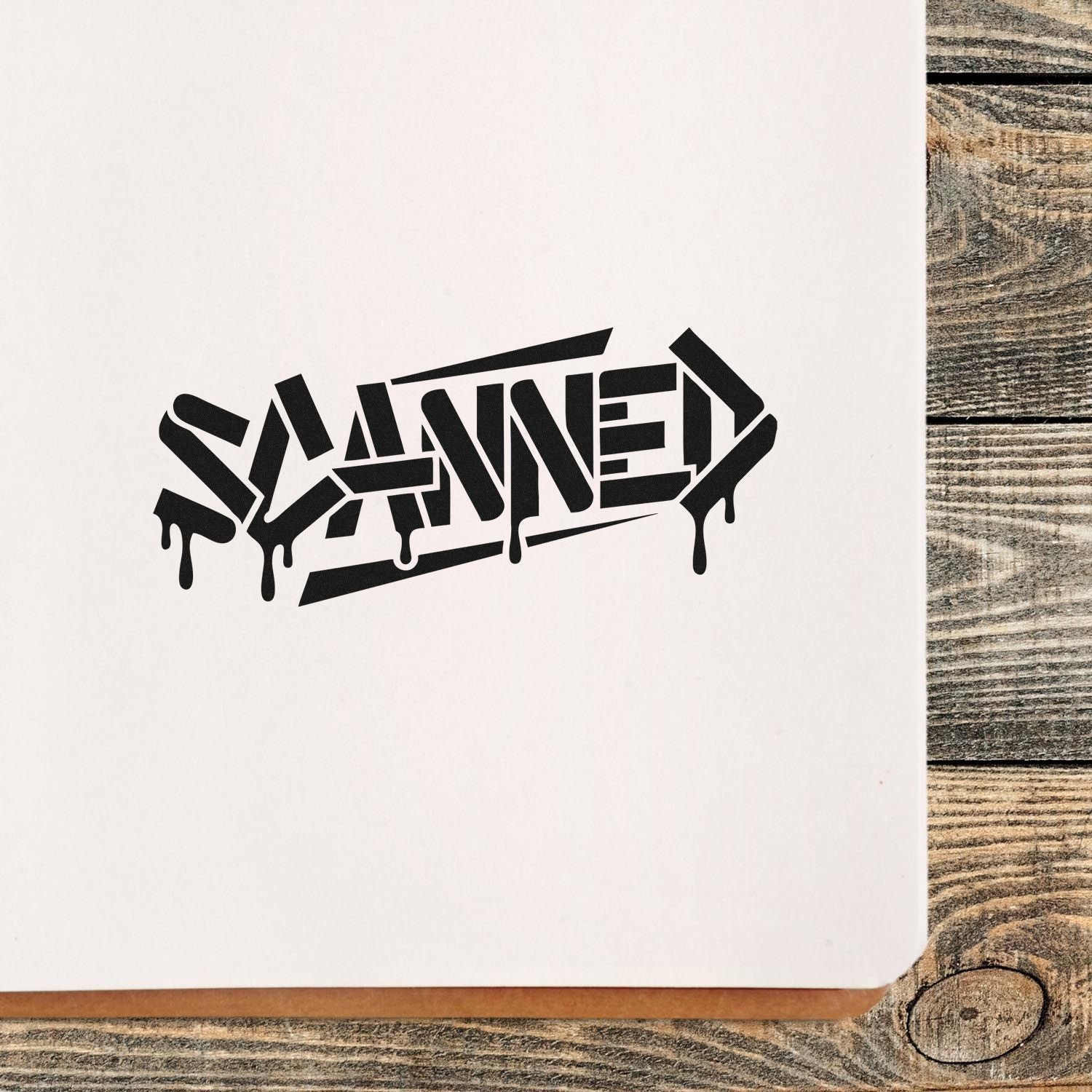 Black graffiti-style SLAMED rubber stamp imprint on white paper, ideal for custom street art, crafts, and branding.