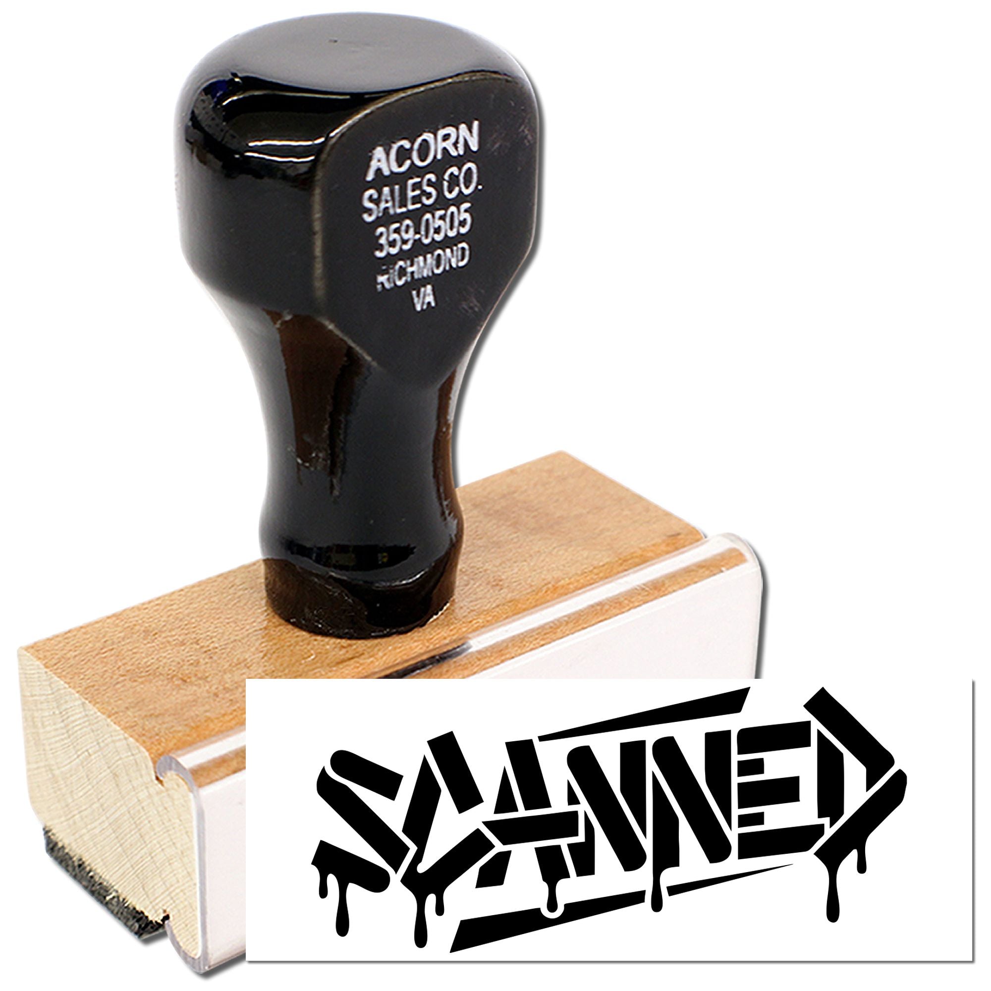 Custom wood rubber stamp with bold SWINE logo, ideal for branded packaging and craft marking.