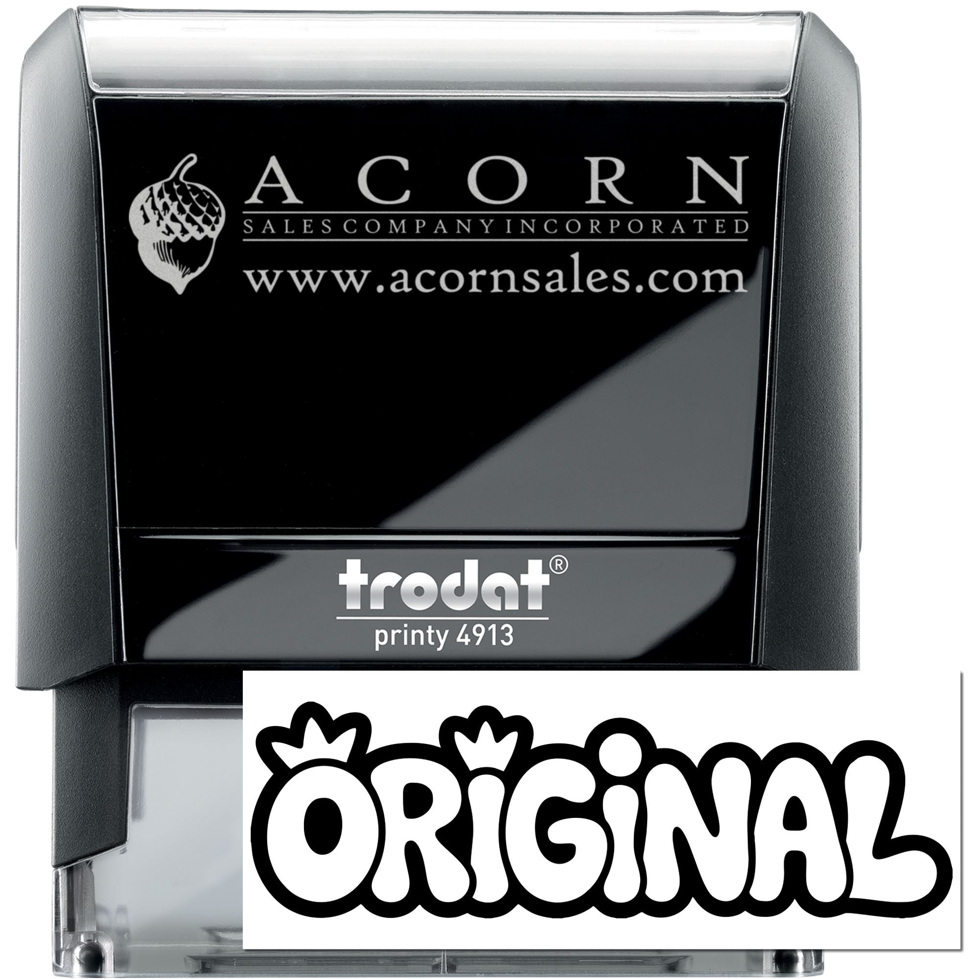 Custom Trodat Printy 4913 self-inking rubber stamp with Acorn Sales Company logo and website for professional business use.
