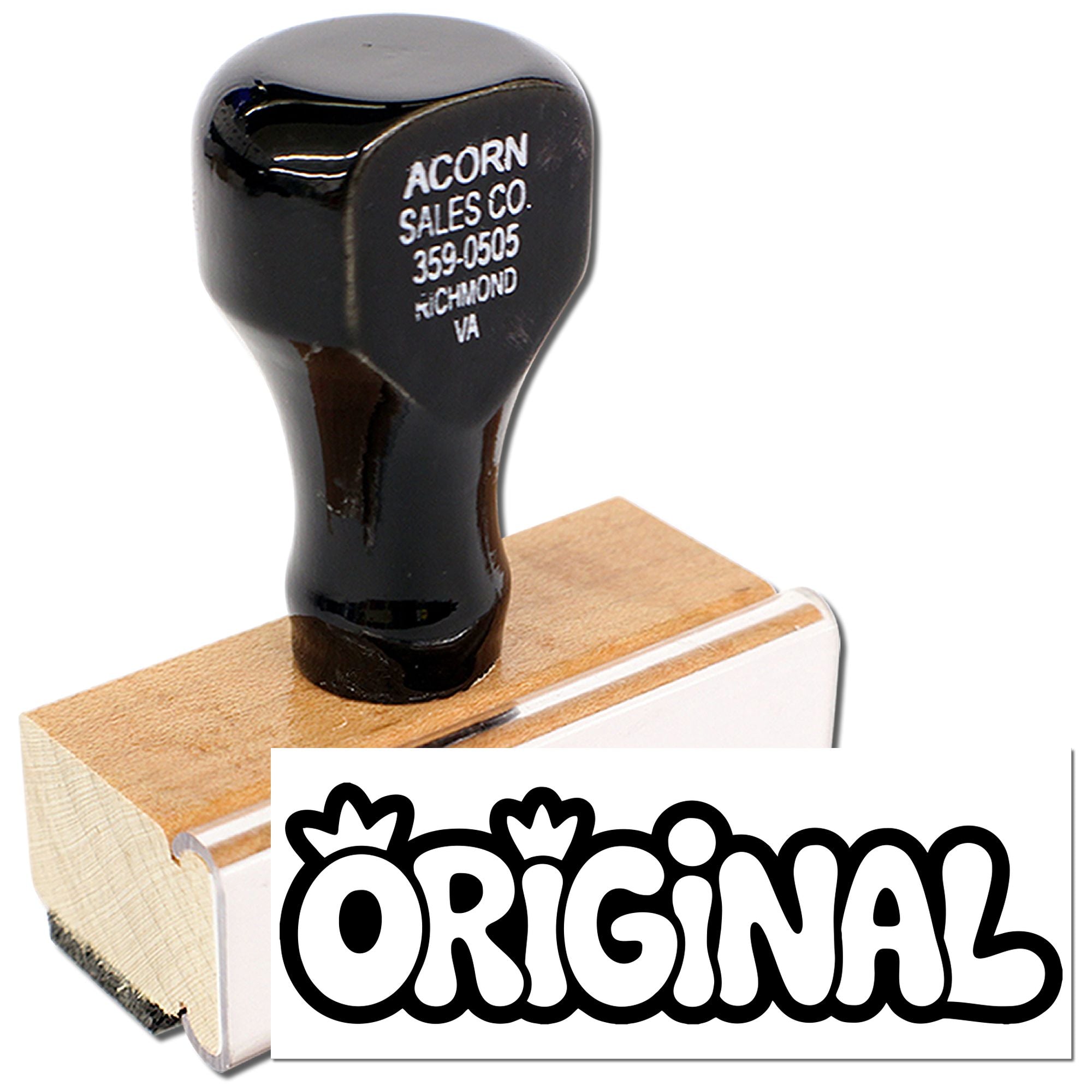 Wooden rubber stamp with Original imprint for custom branding, packaging, and business documents.