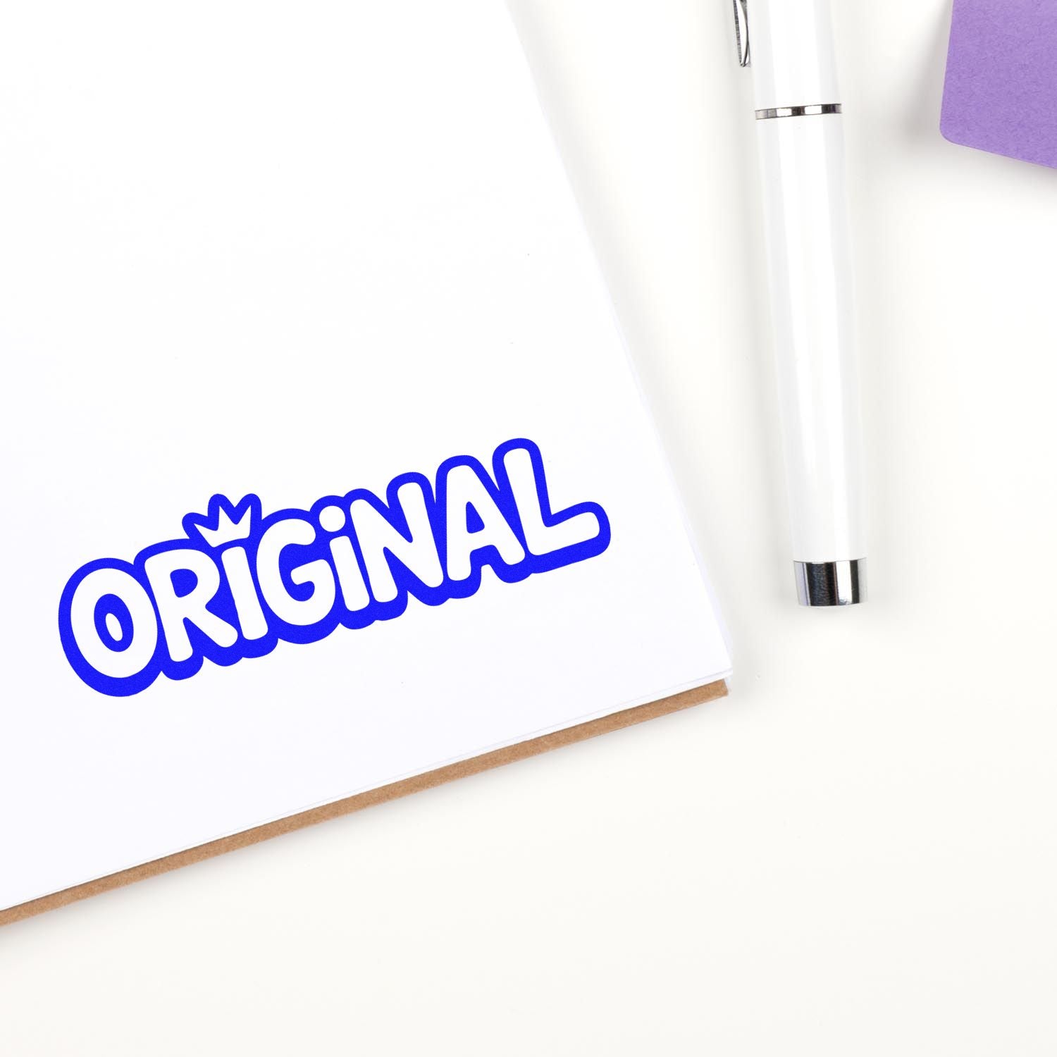 Blue ORIGINAL rubber stamp impression on white paper, ideal for custom branding, packaging, and document marking.
