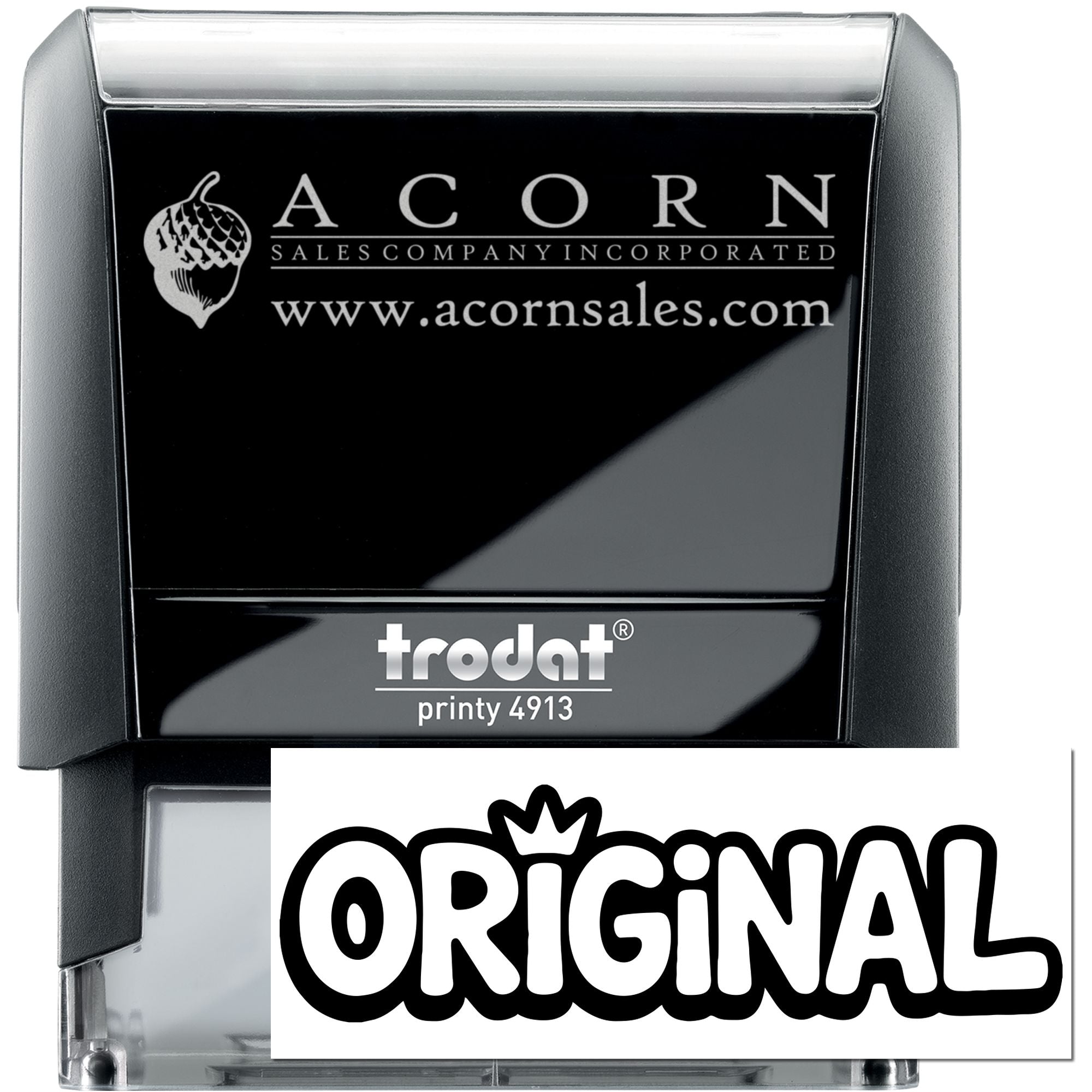 Custom Trodat Printy 4913 self-inking rubber stamp for Acorn Sales Company Incorporated with logo and website.