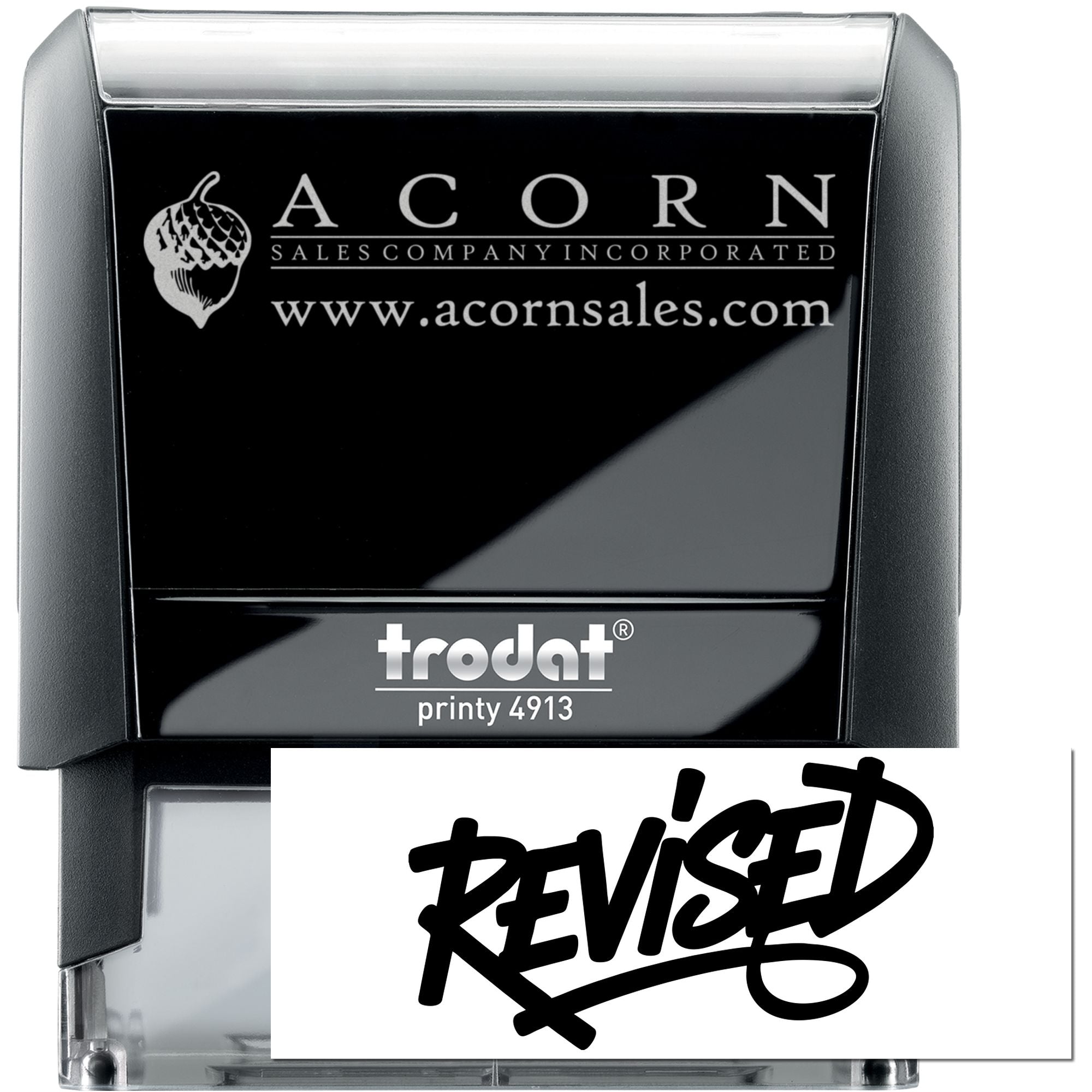 Custom Trodat self-inking rubber stamp with Acorn Sales Company logo and Revised imprint for business document approval.