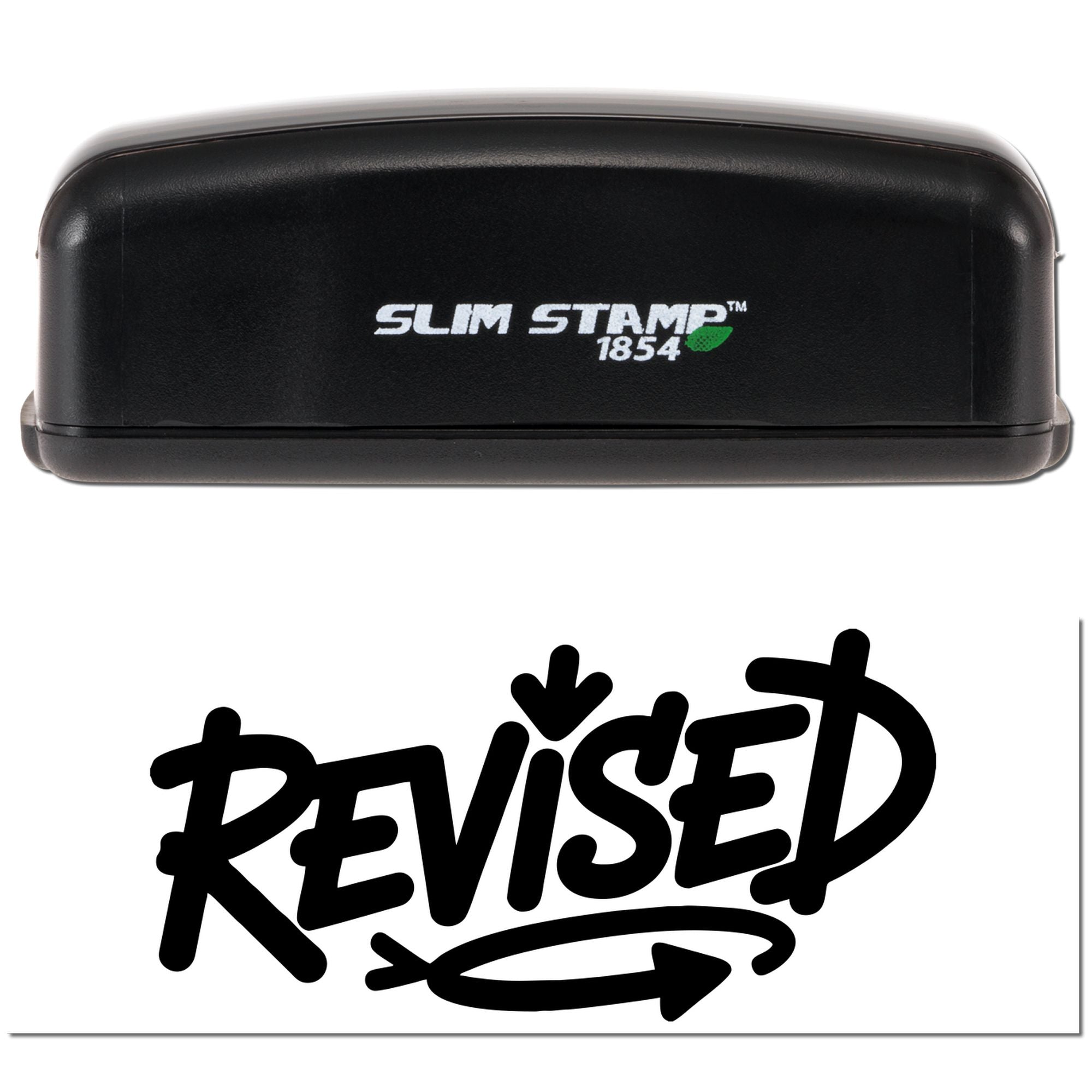 Slim Stamp 1854 custom rubber stamp with bold REVISED imprint for marking edited documents and approvals.