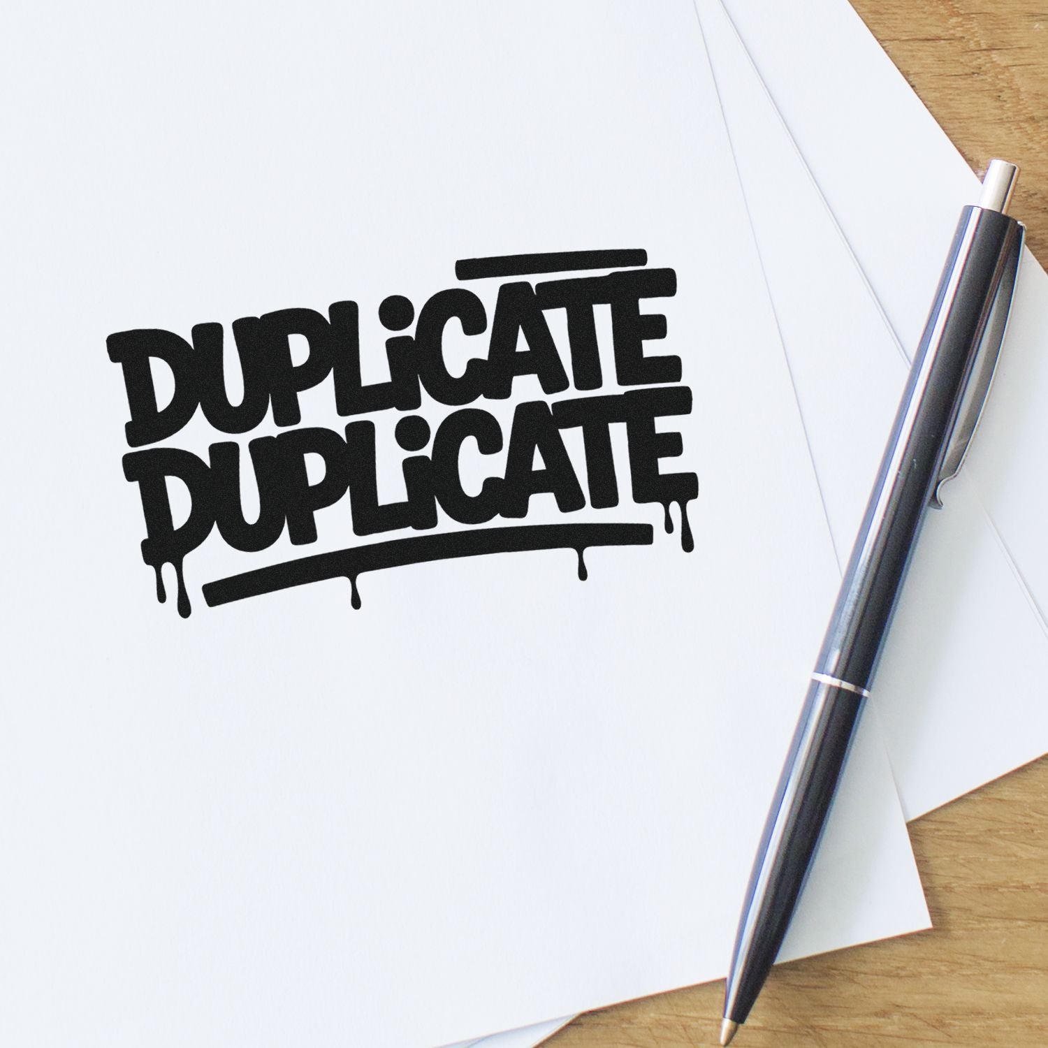 Custom rubber stamp imprint reading DUPLICATE on paper beside a pen, for marking office copies and documents.