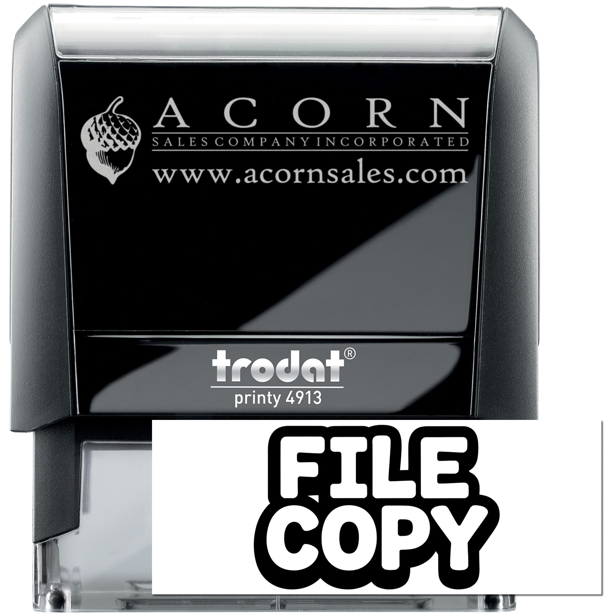 Custom Trodat Printy 4913 self-inking rubber stamp with Acorn Sales Company logo and File Copy imprint